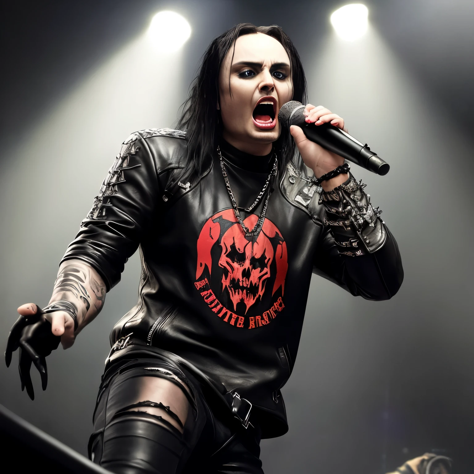 (Masterpiece: 1.1), Best quality, ultra-detailed, 1 man, Dani Filth, brutal death metal singer, wearing leather jacket and band t-shirt, hands crossed, vilified figure, mid-length curly hair, wild, elongated face shape, intense gaze, open mouth singing, Slim fit body, (Dark stage: 1.5), (Rock, Metal theme: 1.4), (Bright red and black colors: 1.3), Microphone in hand, spotlight on, crowds in background, Adrenaline-pumping, intense, captivating, pure energy, photorealistic, high-level image quality,