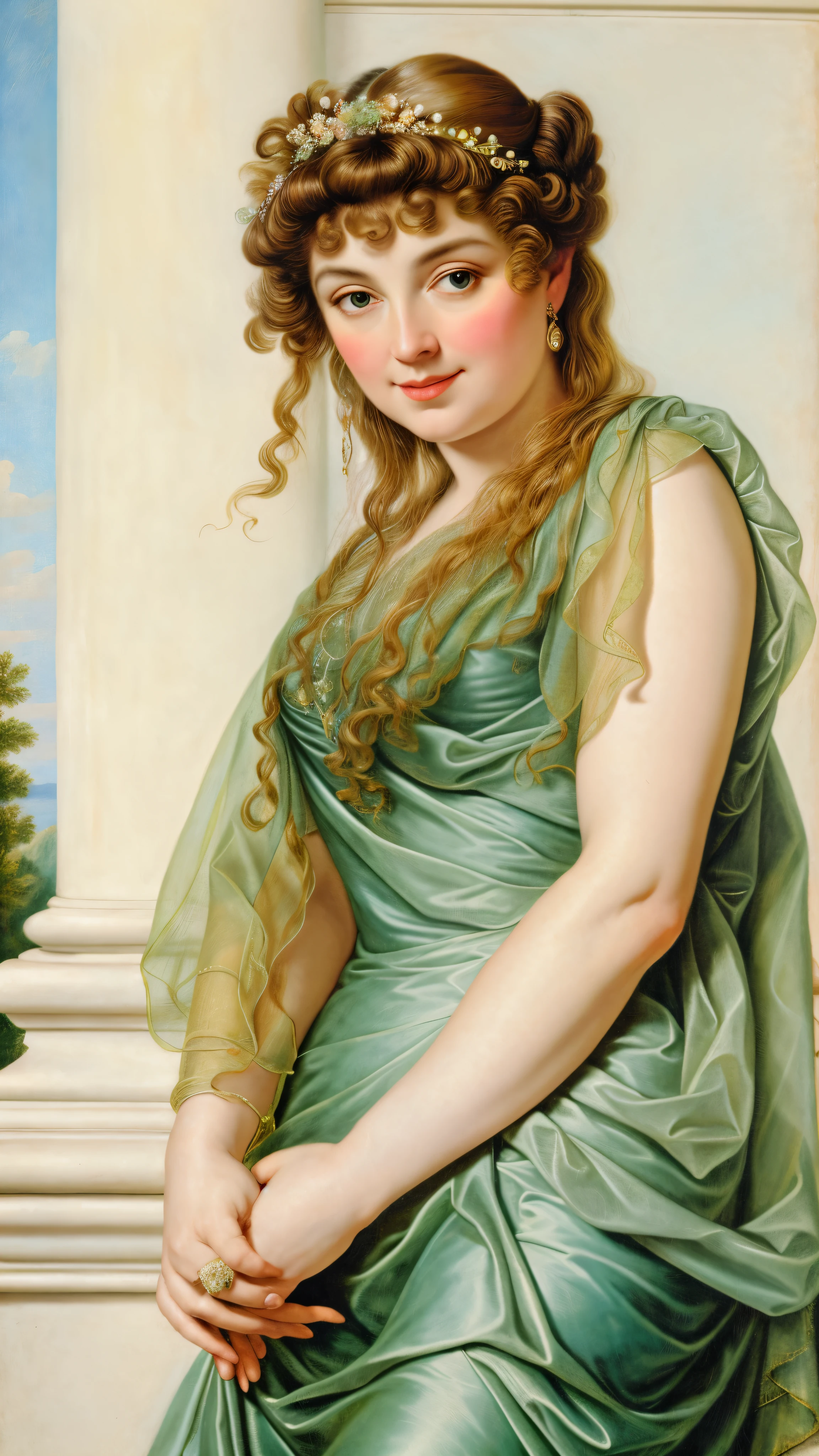 Original Character, ethereal beauty, aesthetic, Masterpiece, 45 years old Woman, thick figure, Full figured lady, middle aged beautiful woman, Best quality, high clarity eyes, critically flawless,sharp picture, styled hair, long hair, fluffy hair, Full portrait, High pixels, perfect face, perfect eyes, beautiful face, perfect hands,perfect fingers, in Peter Paul Rubens style, by Peter Paul Rubens, baroque style, acrylic on canvas, highly detailed, description: "Create a nymph inspired by the tales of Greek or Roman mythology, embodying the essence of a natural element or location, and possessing a unique ability or trait that sets her apart."