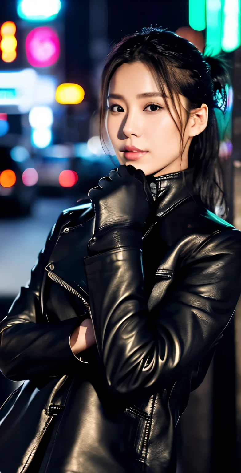 black leather rider jacket, Office in the Dark, Black leather gloved fingertips on both hands,Wearing black leather gloves,Sitting in a black leather chair、 Japanese female new recruits (Black leather gloves cover both hands) (The angle is horizontal)、Black Leather Pants,Black Leather Black Leather Pants,Black Leather Skinny Pants、Long black leather boots on both feet、Black Hair ((He wears black leather gloves on his hands))Full Body Photo,full body shot full body full body leather suit,☺If you turn in this direction。Wearing black leather gloves,Wearing black leather gloves,Wearing black leather gloves,Wearing black leather gloves,Wearing black leather gloves,Wearing black leather gloves,黒のレザーパンツが美しい😍黒のレザーパンツが美しい😍黒のレザーパンツが美しい,😍Smiling while looking at me,City lights、((Neon Cyberpunk City Street:1.3))、(Neon Light)、Detailed lighting、
Best image quality、Ultra-high resolution、(realism:1.4)、Korean Beauty Star、The most beautiful KPOP stars、face、Horny Korean Makeup、A body that makes you want to touch it、Realistic leather texture、Costume made of smooth leather fabric、The drape of the curved parts of the leather fabric、The costume is very shiny、Quality of the costume、8K Photo Quality