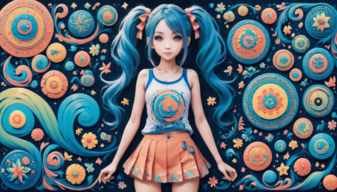 aisha hanabi, blue hair, side pigtails, mole under eye, flat chested, magicl background, flowers, zentangle and origami style background, colorful, tank top and mini skirt