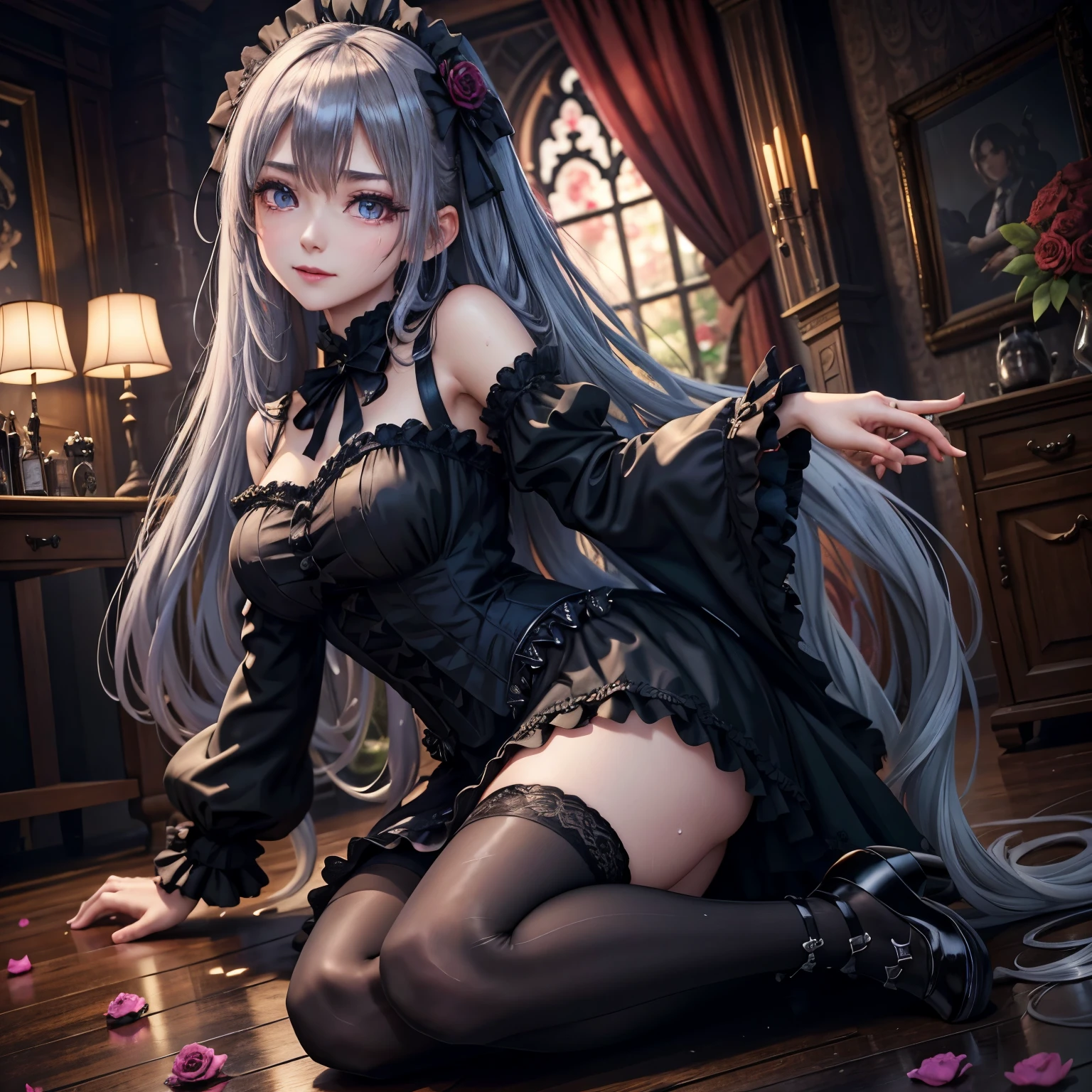 ハードdark gothicメイク、Insanity、deep night sky、horror、black dark eyeshadow、cry、grieve、Good skin glow、dark gothicメイク、dark smile、restless palace、fragrant beauty、22 years ago、lure、Expression of intense sexual pleasure、embarrassed look、dark gothic、lewd expression、debris flies、highest quality、Browse 5 books、Expression of sexual pleasure in suffering、drunk face、purple maid outfit、Mysterious、Noble、A face that is holding back the toilet、super sexy、loving smile、twin tail hair、jet black ruffle skirt、right blue eye, left eye is red、バラで覆われたゴシック様modeのベッド、Super bewitching pose、stick out your butt、platform heel shoes、dark makeup、black lipstick、Stained glass、black metal world、open your legs loosely、make the world beautiful、sit on a bed of roses、gothic ta clothing、comb hair、A little slender、silver hair、long hair straight hair、cute gothic loliress、beautiful face、elegant face、bewitching face、knee high socks、Stained glassが背景、My chest is shiny from a lot of sweat、the room is dark、goth long dress、bell sleeve、wizard sleeve、decadent look、sexually excited look、part of hair、mode、ゴシックmode、Glossy thighs wet with water、Thighs wet and shiny with oil、Background of a room full of roses、sad expression、Rose Maiden、embroidery is pink、The costume has pink embroidery、thigh high socks、kneel down、Place your knees on the floor、knee high socks、Her thighs shine with a lot of sweat.、kneel down、Iの体は濡れて輝いています、Lots of glitter on the thighs、I&#39;Iはたくさん汗をかいています、A lot of sweat and stickiness on the thighs、Sweat glistens on my thighs, The whole body is sweaty and shiny、pretty sweaty、My thighs are sweaty、Iの太ももはとても濡れています、I sweat a lot and my thighs are shiny.、A large amount of sweat shines all over the body、kneel down、From right arm to crotch、、spread your legs wide、slender body、gentle expression、masturbation behavior、deep black eyeshadow、despicable act、Stained glassと薔薇背景、wearing black underwear、black panties、thighs are a little thin、duo、female couple、I have lesbian friends、Are standing、standing position、