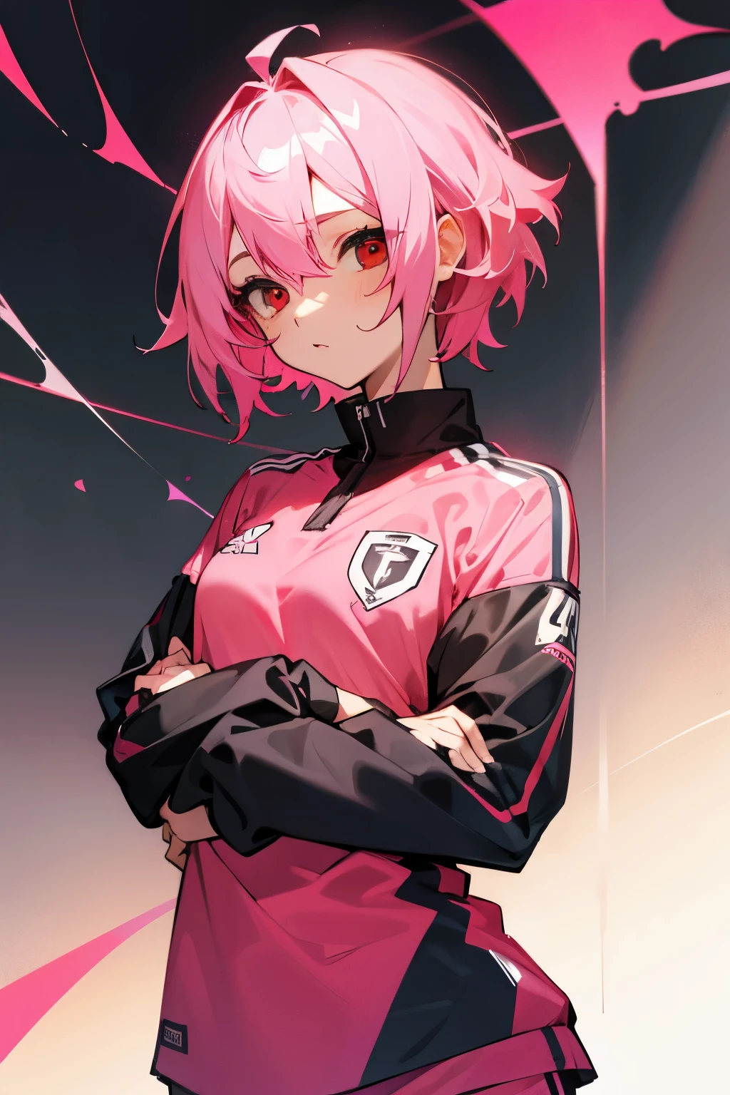 Girl, short pink hair, red eyes, soccer clothes, Medium chest Soccer