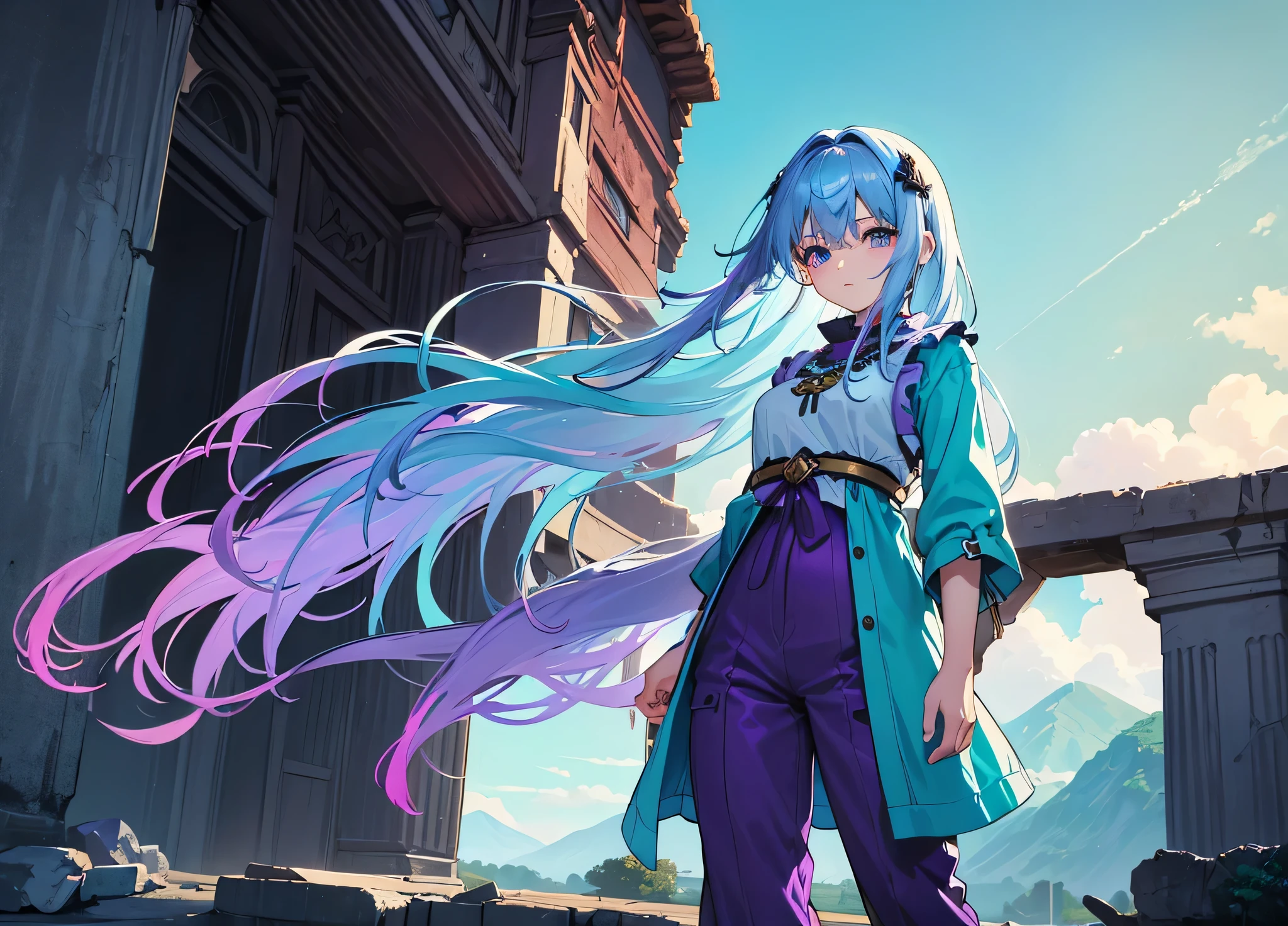 Masterpiece. High-resolution. (1girl) about 20 years old. Pretty beautiful girl. Standing pose. Imposing. Pretty big purple eyes. Delicate face. ((Long light blue hair)). Straight hair. Messy hair. Hair bangs. Hair blowing in the wind. ((Turquoise tunic)). ((Purple tide pants)). Leather boots. Greek ruins background with cosmic skies.