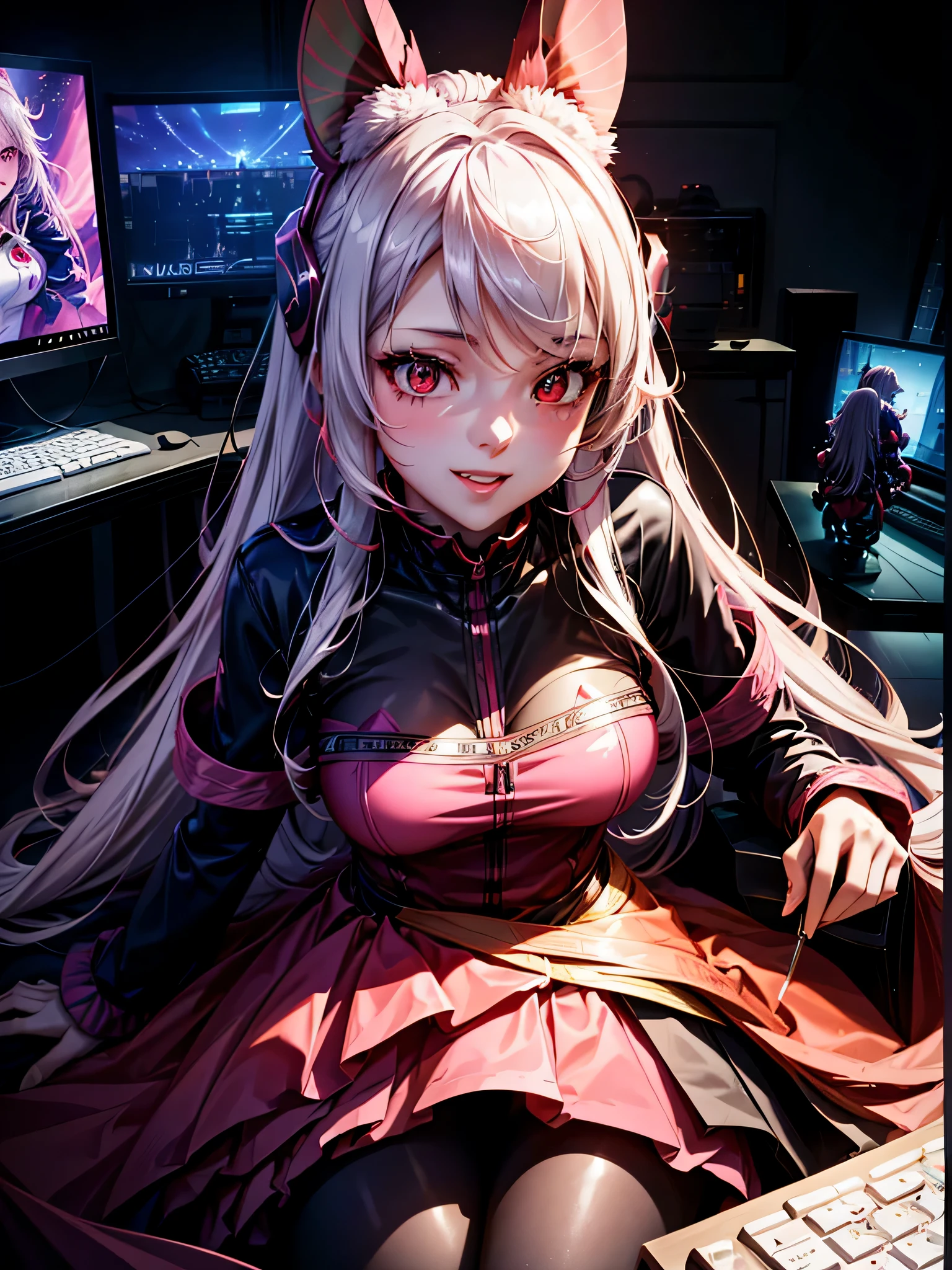 (best quality,4k,8k,highres,masterpiece:1.2),ultra-detailed,(realistic,photorealistic,photo-realistic:1.37),cute,gamergirl,beautiful detailed eyes,beautiful detailed lips,white gaming headset,long hair flowing down,pink gaming setup,pastel-colored keyboard and mouse,keyboard with rainbow backlight,professional,anime style,soft color palette,soft lighting,keyboard with cherry blossom keycaps,gaming chair with bunny ears,gamer girl holding a controller on her lap,cheerful smile,girl sitting in front of multiple monitors,video game posters on the wall,a cat sleeping peacefully on the desk,a cup of hot chocolate with marshmallows,cosy environment,magical gaming world in the background,sparkling starry sky in the background,playful and energetic personality,dressed in a cute gaming-themed outfit,vivid colors,keyboard with RGB lighting,multiplayer online game interface on the screen,exciting game action happening on the monitor,enthusiastic gamer expressions,beautifully decorated gaming room,anime-style artwork on the wall,anime-style character figurines on the shelf,neon lights illuminating the room,keyboard and mouse with holographic interface,joyful and immersive gaming experience