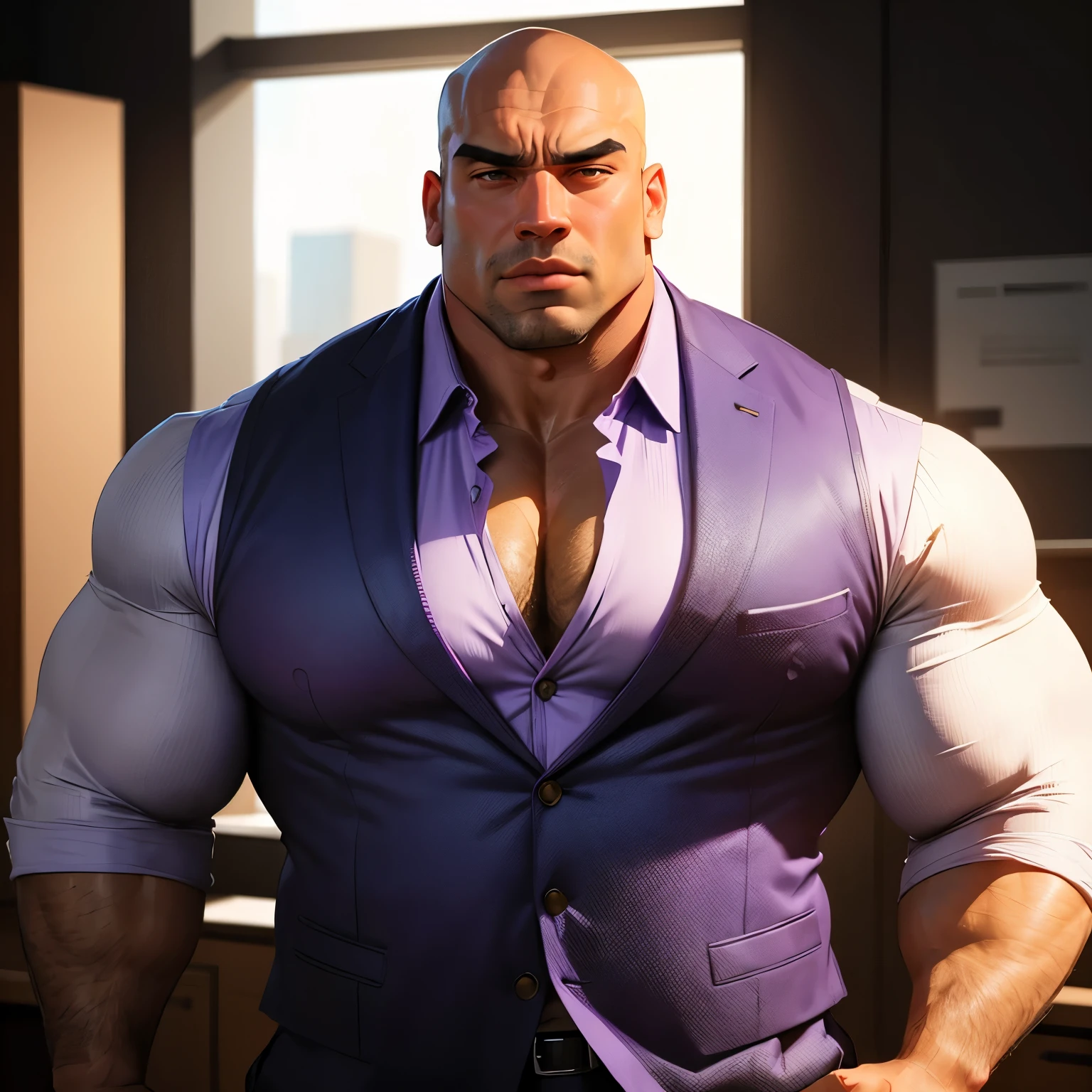 an exaggeratedly muscular and large bald bodyguard, beefy build, mixed race, (wearing lavender business casual vest: 1.2), name tag, (bara pecs: 1.3), (arm and chest hair: 1.1), full body portrait HD, bright corporate office with large windows