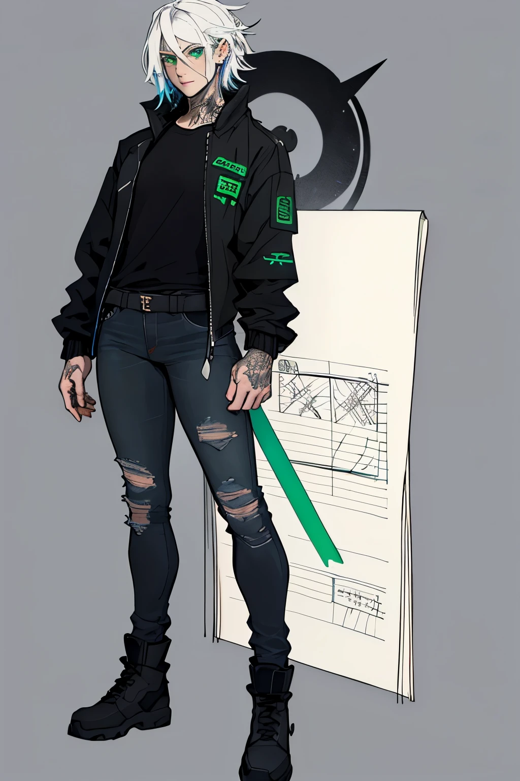 1 girl, Sidecut hair, vi arcane hair, Sidecut hair, teenager, hyper realistic hands, detailed hyper realistic eyes, rock jacket, jeans, black clothing, white hair, light background, full body, long hair, teenager, tribal tattoo, colorful parts, sketchbook, hand drawn hand, symbols, dark , bold, realistic sketch, sketch, mixing dark lines and loose lines, bold lines, on paper, turn on character sheet, human woman, green eyes, full body, imposing pose, lots of details, stylish outfit, symbols, runes , dark theme , black shirt, beautiful, pretty, modest