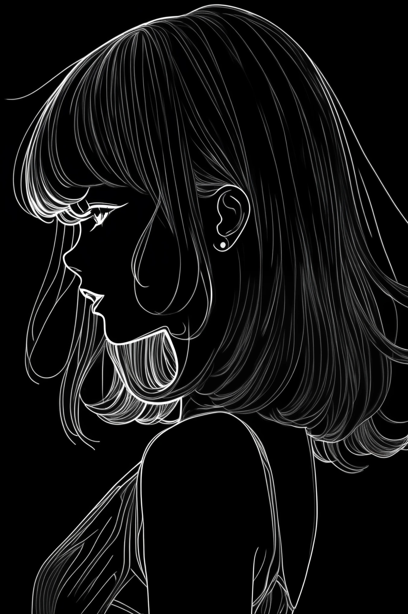 (Melhor qualidade, outline:1.2),realista,ilustrador,anime,1 garota, Detailed lips, vestido preto8,personalizado, (monochrome dark background),Cabelo neon,corte texturizado, obra de arte, classic retro style, Preto Escuro, arte, outline book, (cabelo bob preto:1.75 neon:1.32), Bad women , sombras escuras 