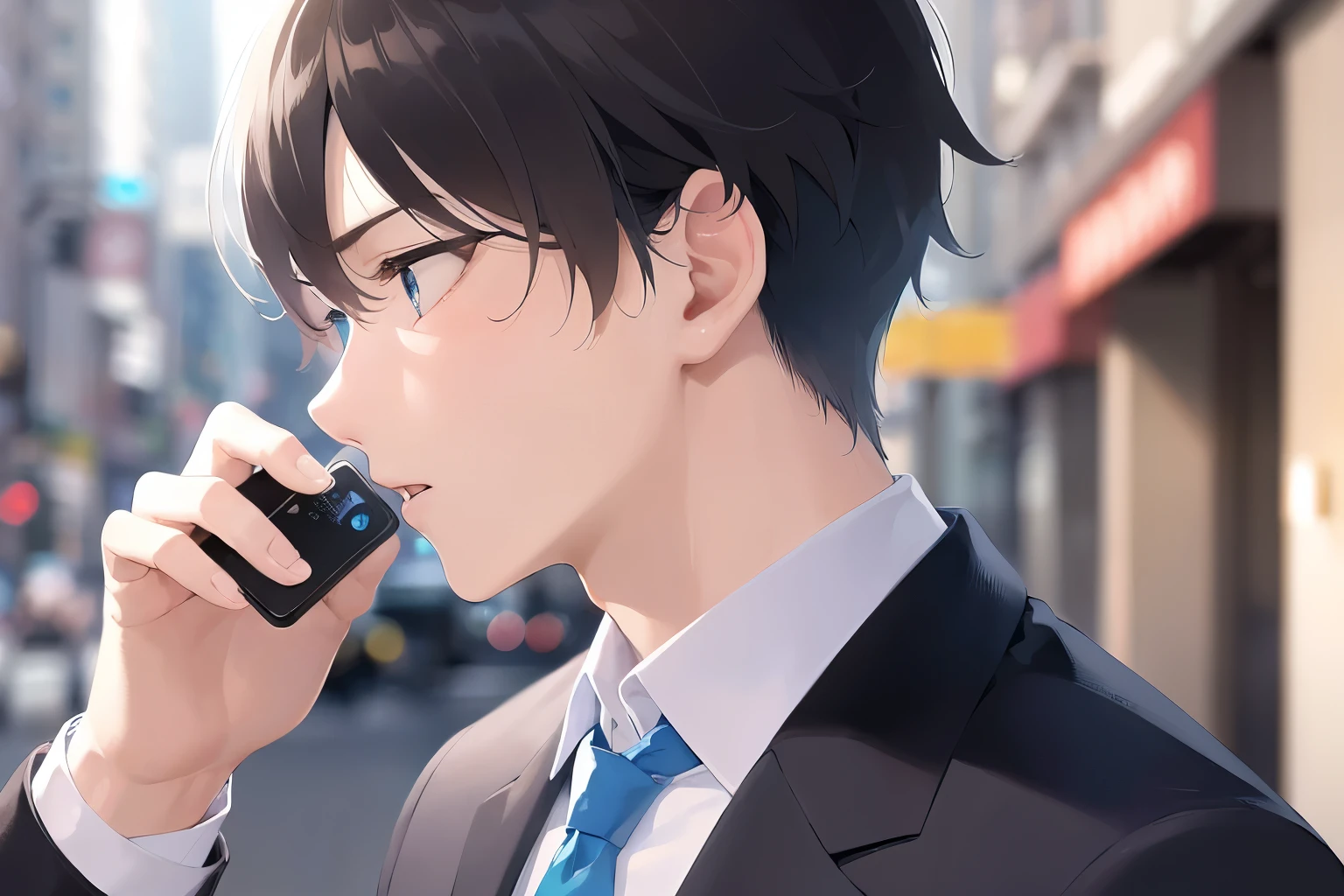 Biologically correct five fingers、holding a phone, (looking away:1.5), side angle, masterpiece、highest quality、(25 year old male:1.5) and (black short hair) and (blue eyes), wearing a suit、wearing a white shirt、Wearing a blue tie、serious expression、open mouth, The background is a shopping street、(Alone:1.5)、Are standing