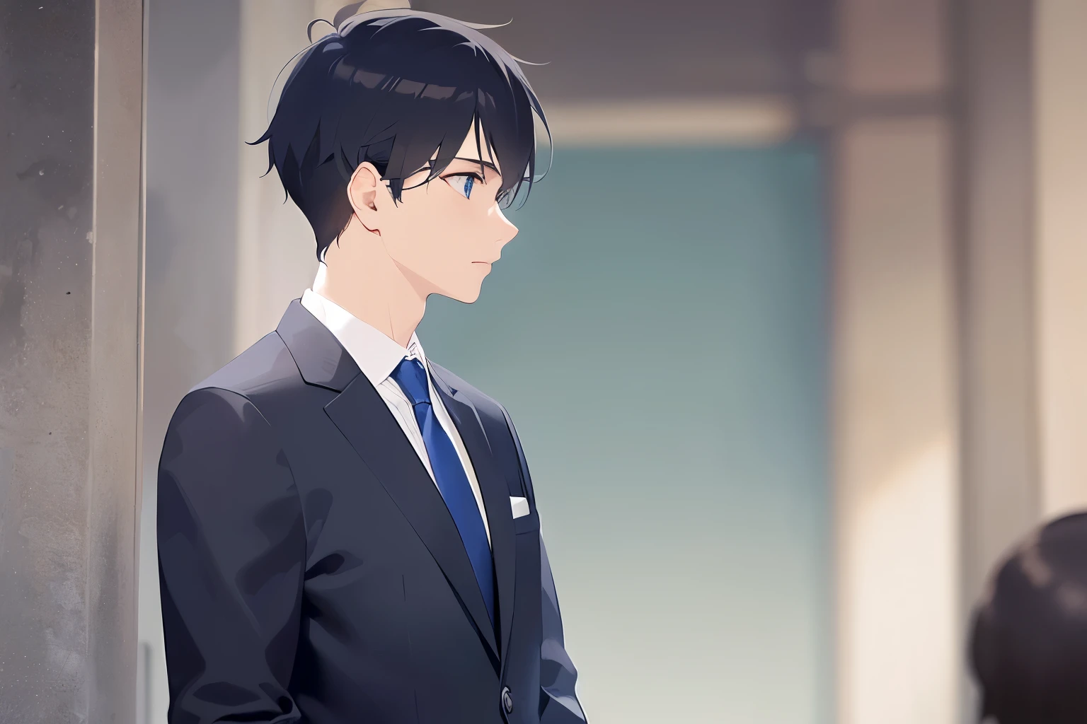 Biologically correct five fingers、holding a phone, (looking away:1.5), side angle, masterpiece、highest quality、(25 year old male:1.5) and (black short hair) and (blue eyes), wearing a suit、wearing a white shirt、Wearing a blue tie、serious expression、open mouth, The background is a shopping street、(Alone:1.5)、Are standing