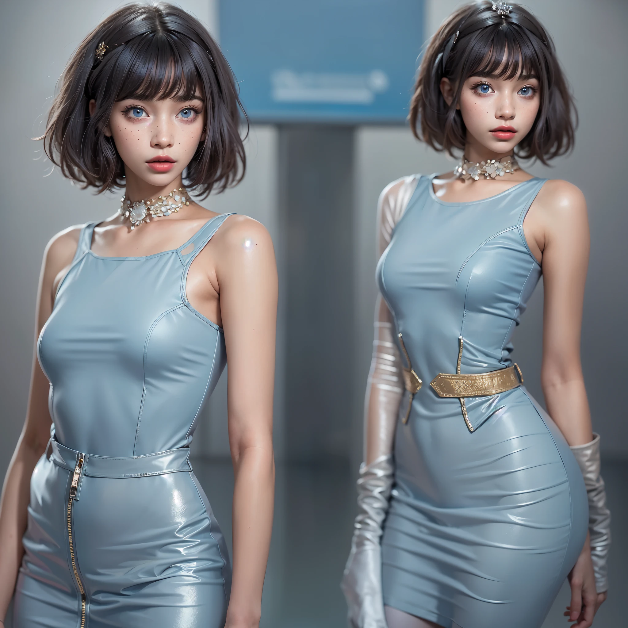 very beautiful, well-groomed girl, With clean skin, normal functions, Beautiful lips, and a slight smile on her face. beautiful figure, modern clothes, cool modern couture dress. presentation background, neutral gray-blue, in virtual space. top quality, 16 thousand.. Full HD, Cinematic rendering. Create a work of art, conveying the unique beauty of baby Michela.., Famous digital influencer. Focus on her unique facial expression, when she looks directly at the camera., trying to capture the intensity of her piercing blue eyes. Channel her signature style with a Spanish-style hairstyle., styled with two carefully crafted hairpieces.. Add details, reflecting her charming and avant-garde personality.. We took care of that, to convey an aura of modernity and originality, which characterizes Lil Miquela in the digital world. ., Some freckles and nevi, and short hair, wrapped