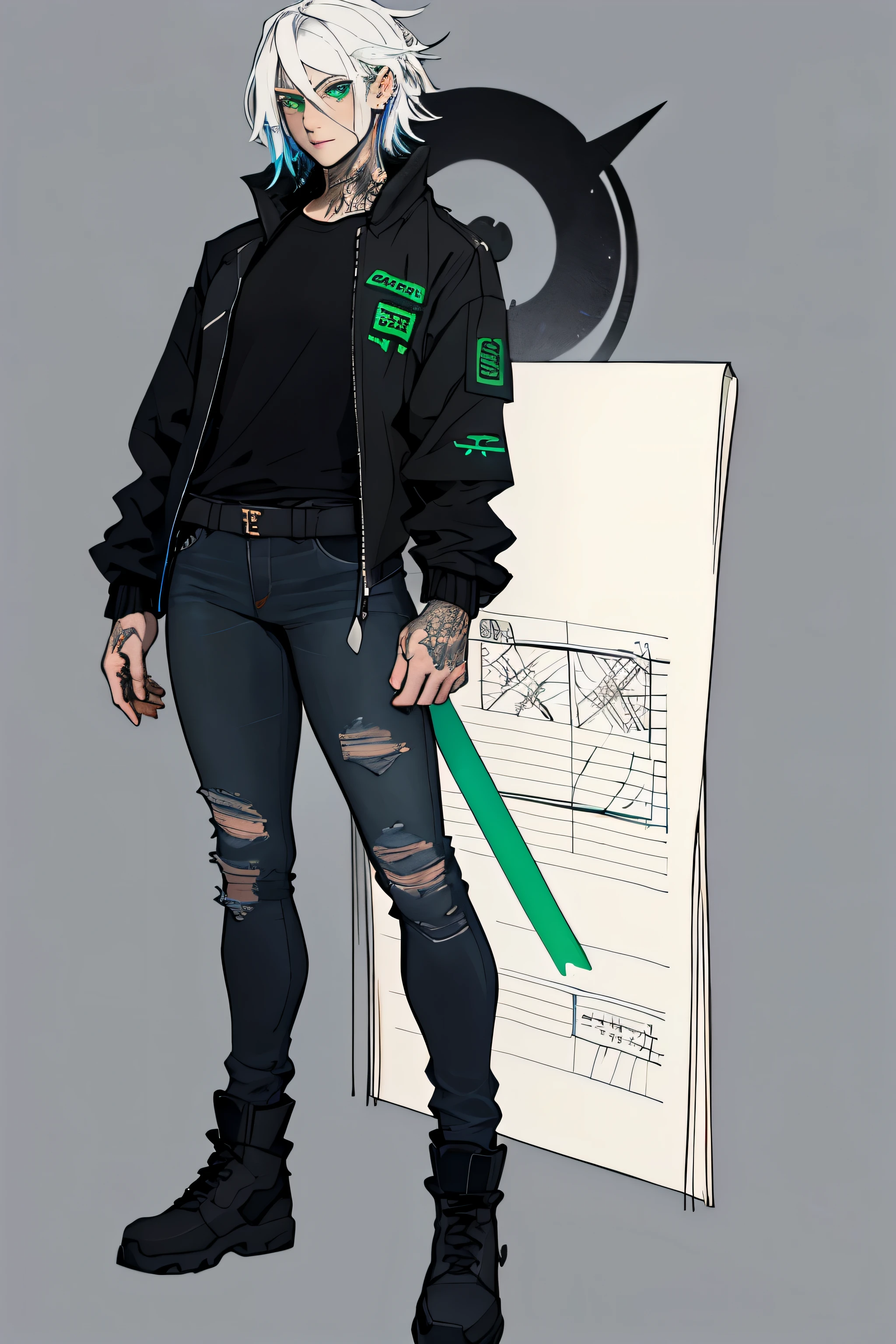 1 girl, Sidecut hair, vi arcane hair, Sidecut hair, ager, hyper realistic hands, detailed hyper realistic eyes, rock jacket, jeans, black clothing, white hair, light background, full body, long hair, teen, tribal tattoo, colorful parts, sketchbook, hand drawn hand, symbols, dark , bold, realistic sketch, sketch, mixing dark lines and loose lines, bold lines, on paper, turn on character sheet, human woman, green eyes, full body, imposing pose, lots of details, stylish outfit, symbols, runes , dark theme , black shirt, beautiful, pretty, modest