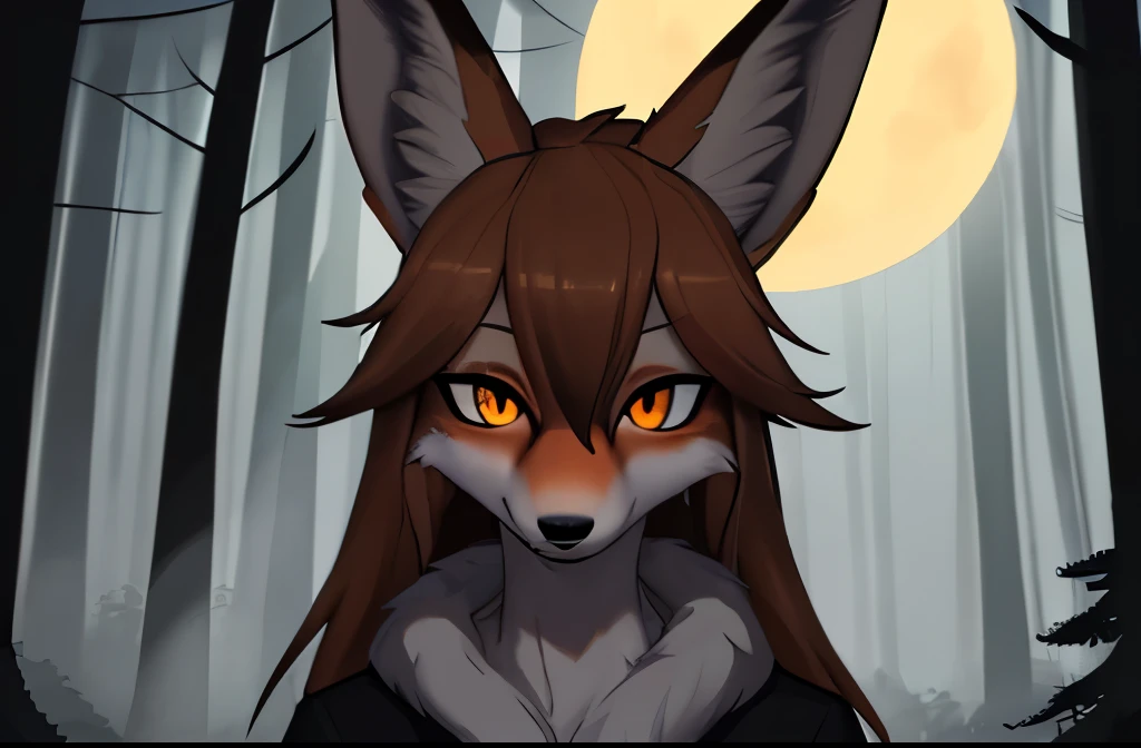 Male, Maned wolf, Furry, Night, forest, neutral face, mist, looking at viewer.