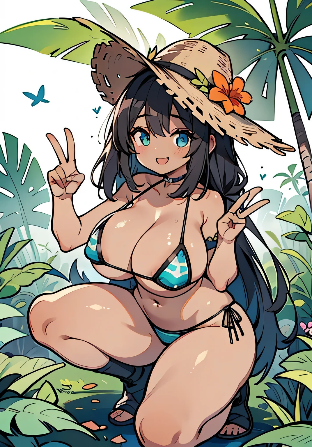 anime illustration、Highest image quality、jungle、Buxom dark-skinned tribal female warrior from the tropics、perfect proportions、beautiful eyes、wild bikini、Overwhelmingly big breasts beyond the norm、thick legs、cowboy shot、Cheerful smile、Estrus、squatting、peace sign