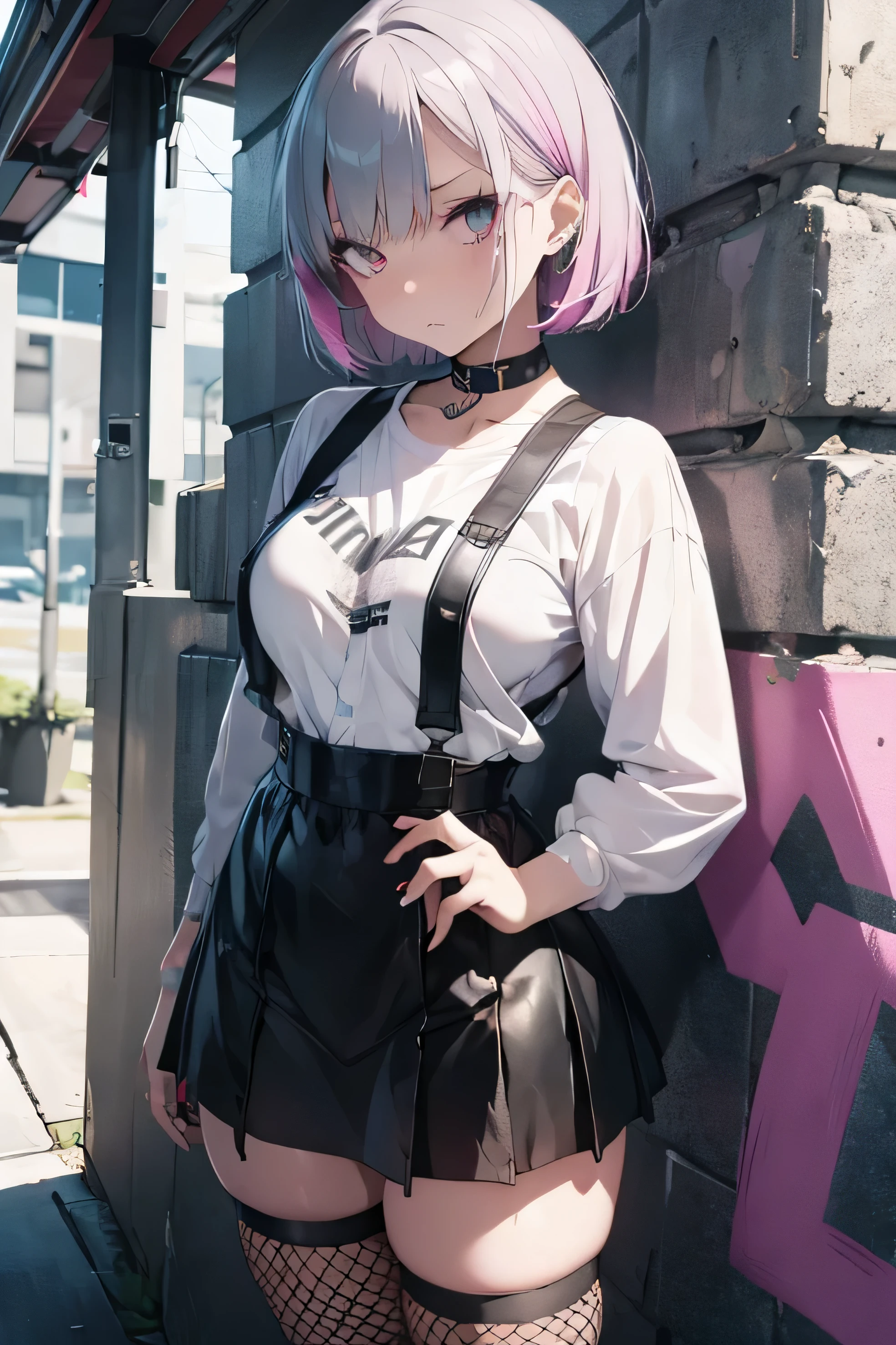 alt-girl, short hair, pastel colors, medium breasts, wide hips, bangs, annoyed face, skirt, emo, dark makeup, grunge style clothing, outdoor location with graffiti, busty, vaping, 23 years old, tattoos, seductive, fishnets, choker, annoyed expression, vape, pastel hair, suspenders