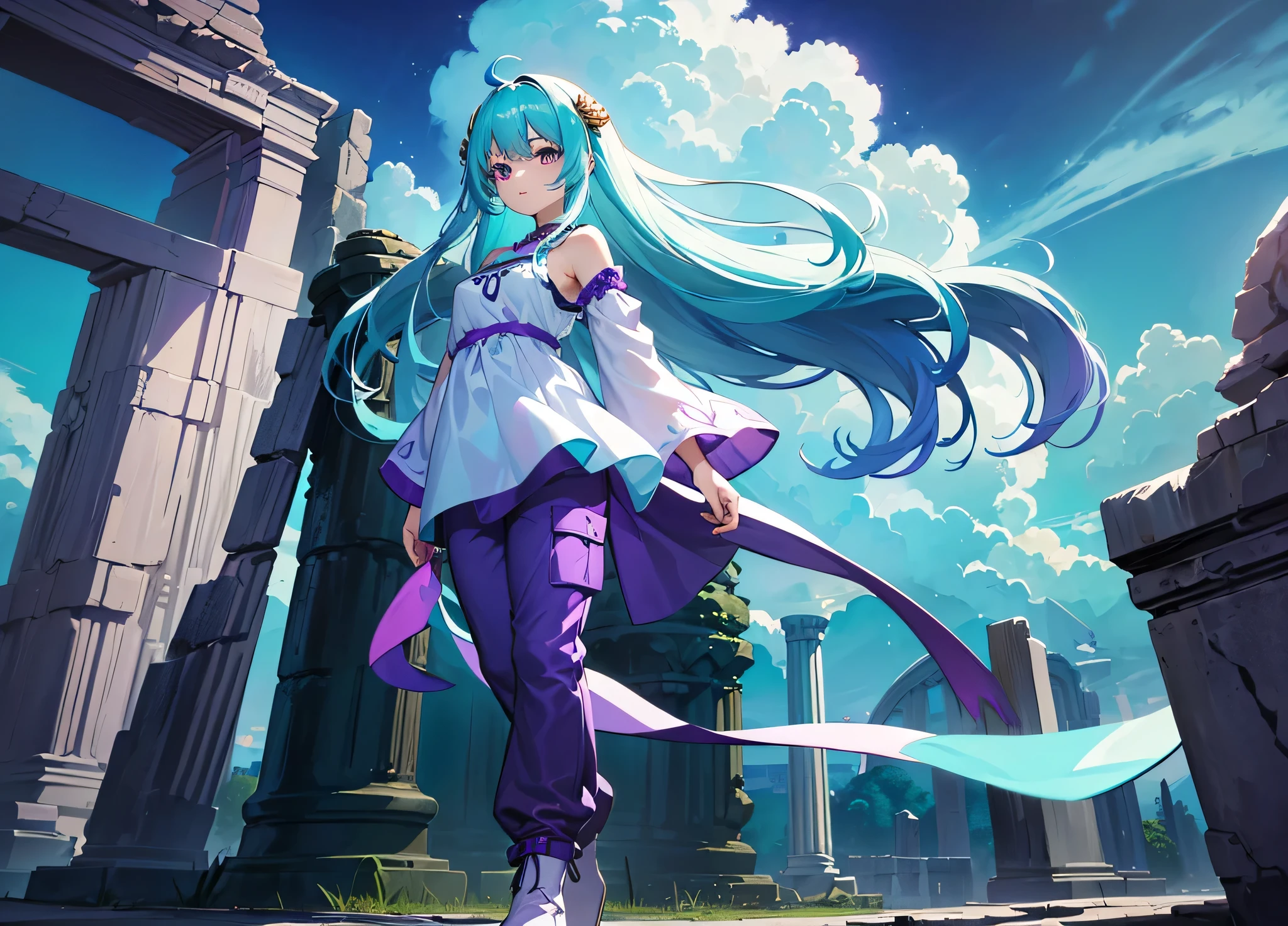 Masterpiece. High-resolution. (1girl) about 20 years old. Pretty beautiful girl. Standing pose. Imposing. Pretty big purple eyes. Delicate face. ((Long light blue hair)). Straight hair. Messy hair. Hair bangs. Hair blowing in the wind. ((Turquoise tunic)). ((Purple tide pants)). Leather boots. Greek ruins background with cosmic skies.