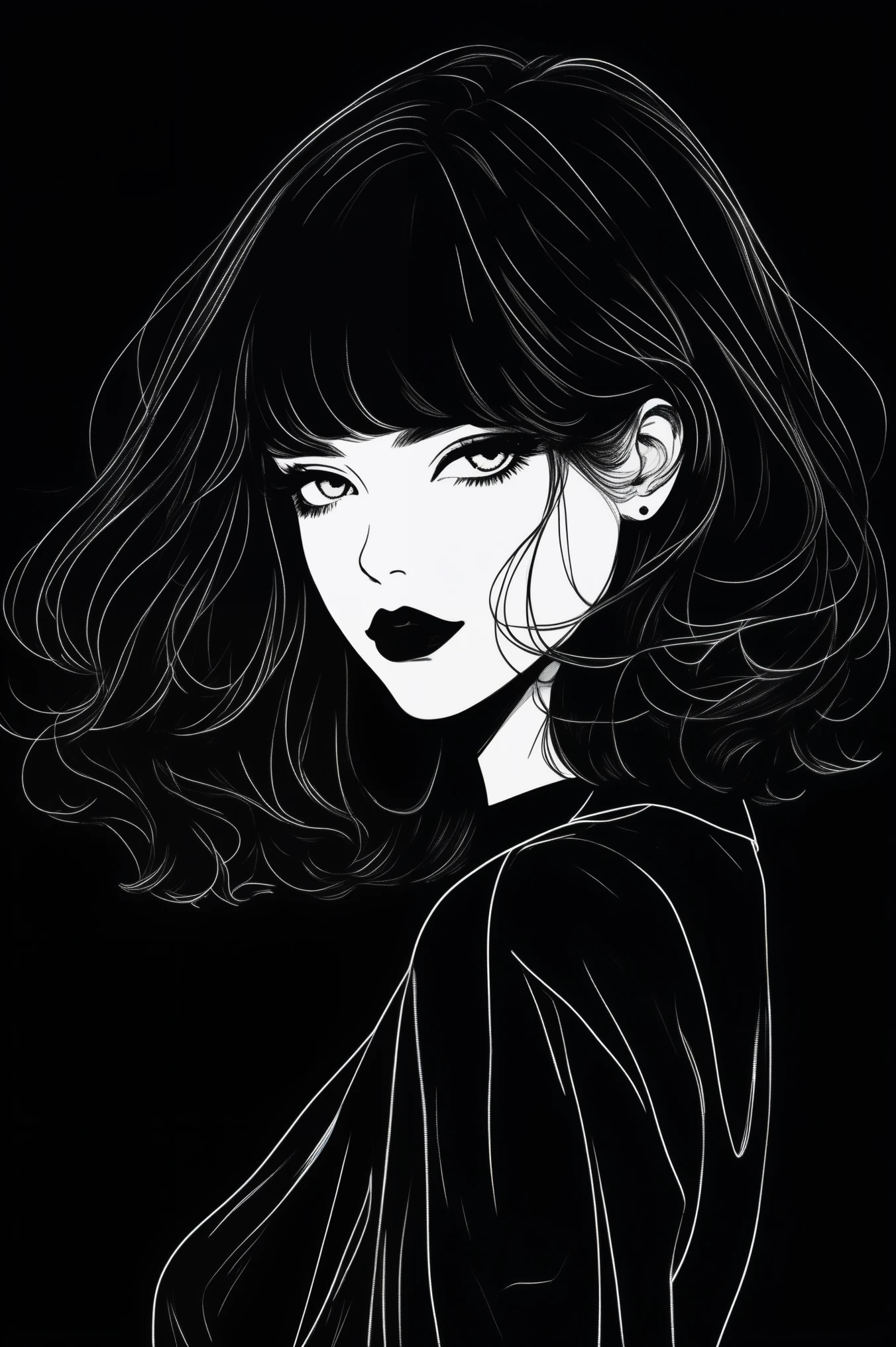 (Melhor qualidade, outline:1.2),realista,ilustrador,anime,1 garota, Detailed lips, vestido preto8,personalizado, (monochrome dark background),Cabelo neon,corte texturizado, obra de arte, classic retro style, Preto Escuro, arte, outline book, (cabelo bob preto:1.75 neon:1.32), Bad women , sombras escuras 