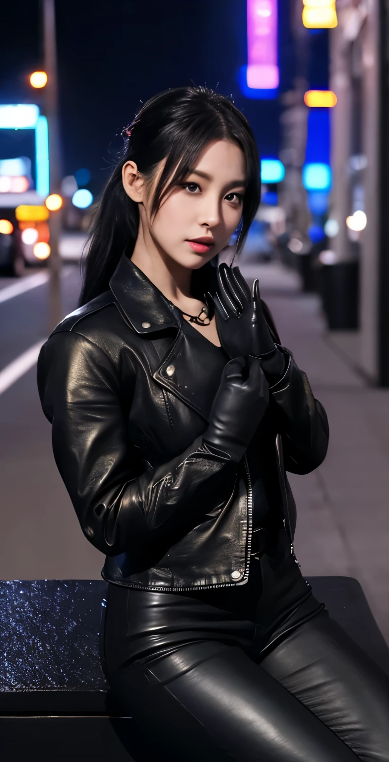 black leather rider jacket, office in the dark, Fingertips of black leather gloves on both hands,wearing black leather gloves,sitting in a black leather chair、 Japanese female new employee (black leather gloves cover both hands) (The angle is horizontal)、black leather leather pants,black leather black leather pants,black leather skinny pants、Long black leather boots on both feet、black hair ponytail ((He wears black leather gloves on his hands))full body photo,full body shot full body full body leather suit,☺If you turn in this direction。wearing black leather gloves,wearing black leather gloves,wearing black leather gloves,wearing black leather gloves,wearing black leather gloves,wearing black leather gloves,黒のレザーパンツが美しい😍黒のレザーパンツが美しい😍黒のレザーパンツが美しい,😍I'm smiling while looking at you,city lights、((neon cyberpunk city street:1.3))、(neon light)、detailed lighting、
best image quality、ultra high resolution、(realism:1.4)、korean beauty star、The most beautiful KPOP stars、face、horny korean makeup、A body that makes you want to touch it、realistic leather texture、Costume made of smooth leather fabric、The drape of the curved parts of the leather fabric、The costume has a strong shine、costume quality、8K photo quality、
