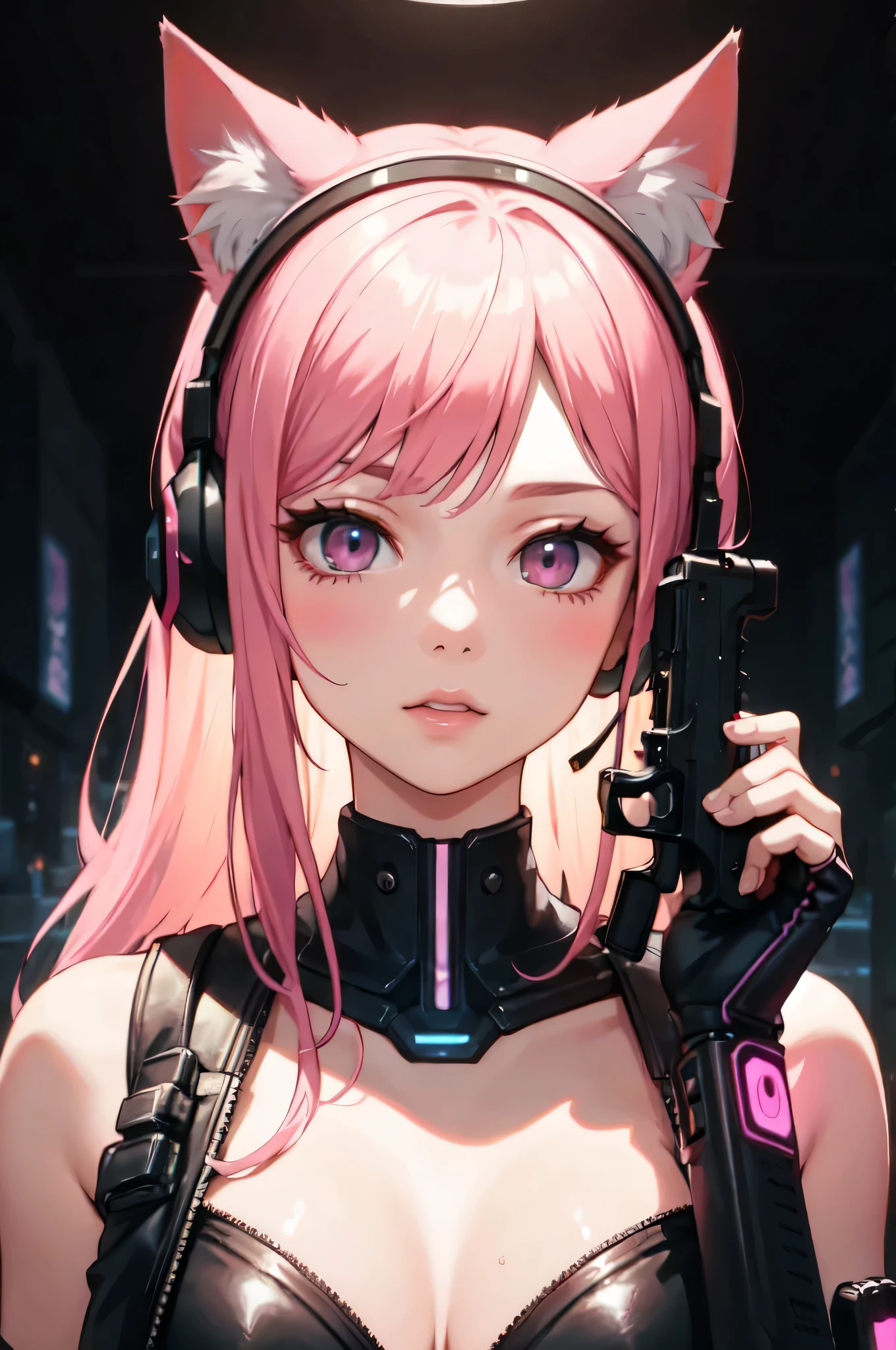 use the same head, use same torso, redraw to show whole body, ((best quality)), ((masterpiece)), (detailed), perfect face, 1girl, cyberpunk, holding uzi gun, pink hair, cat ears, futuristic headset, future city, neon lights, detailed