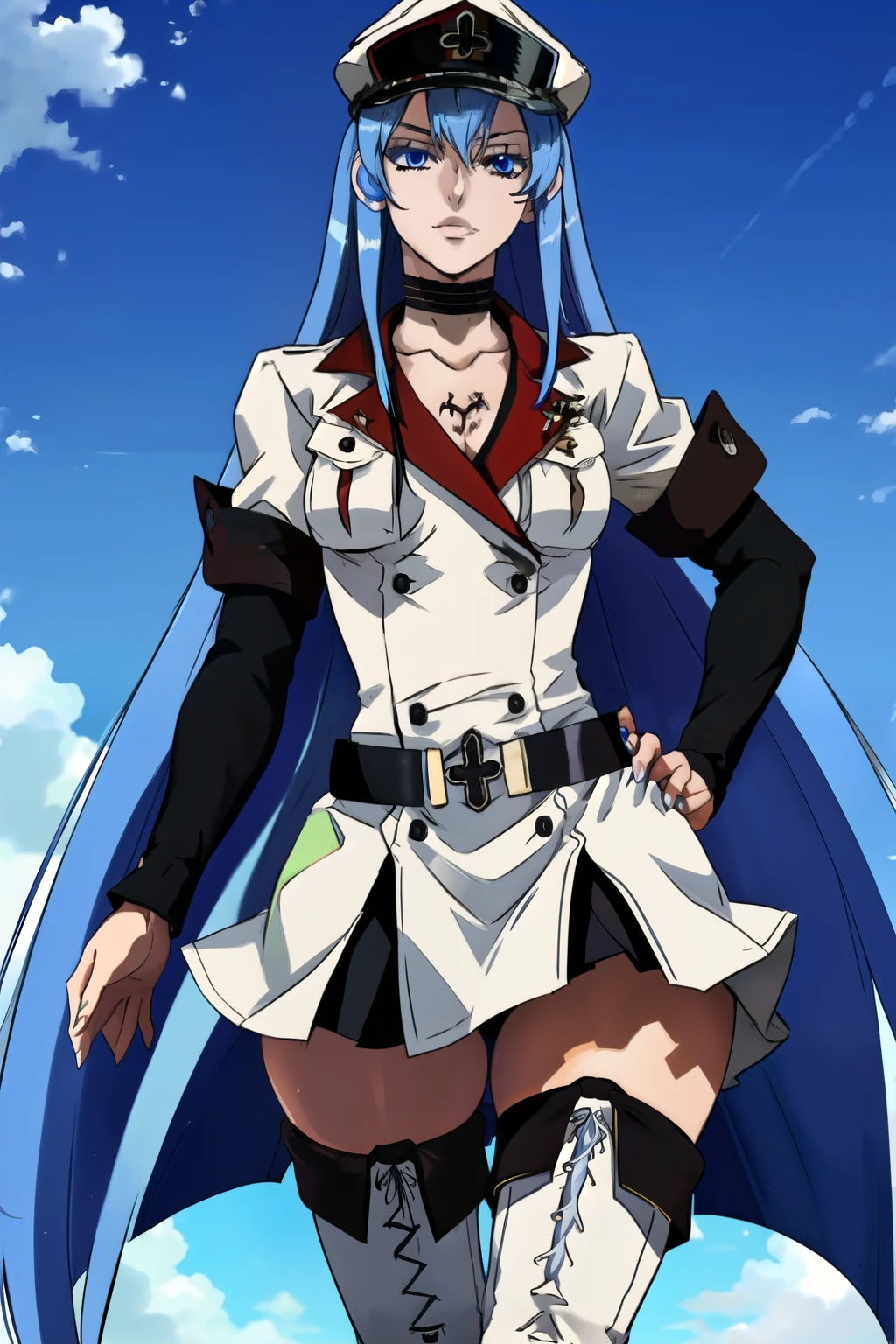 beautiful woman, solo, medium breasts, long hair, blue hair,  blue eyes, white military uniform, peaked cap, thigh boots, thigh boots, black belt, standing, using ice magic, (best quality), (detailed), masterpiece, natural light, perfect lighting, detailed face, perfect composition,  esdeath,