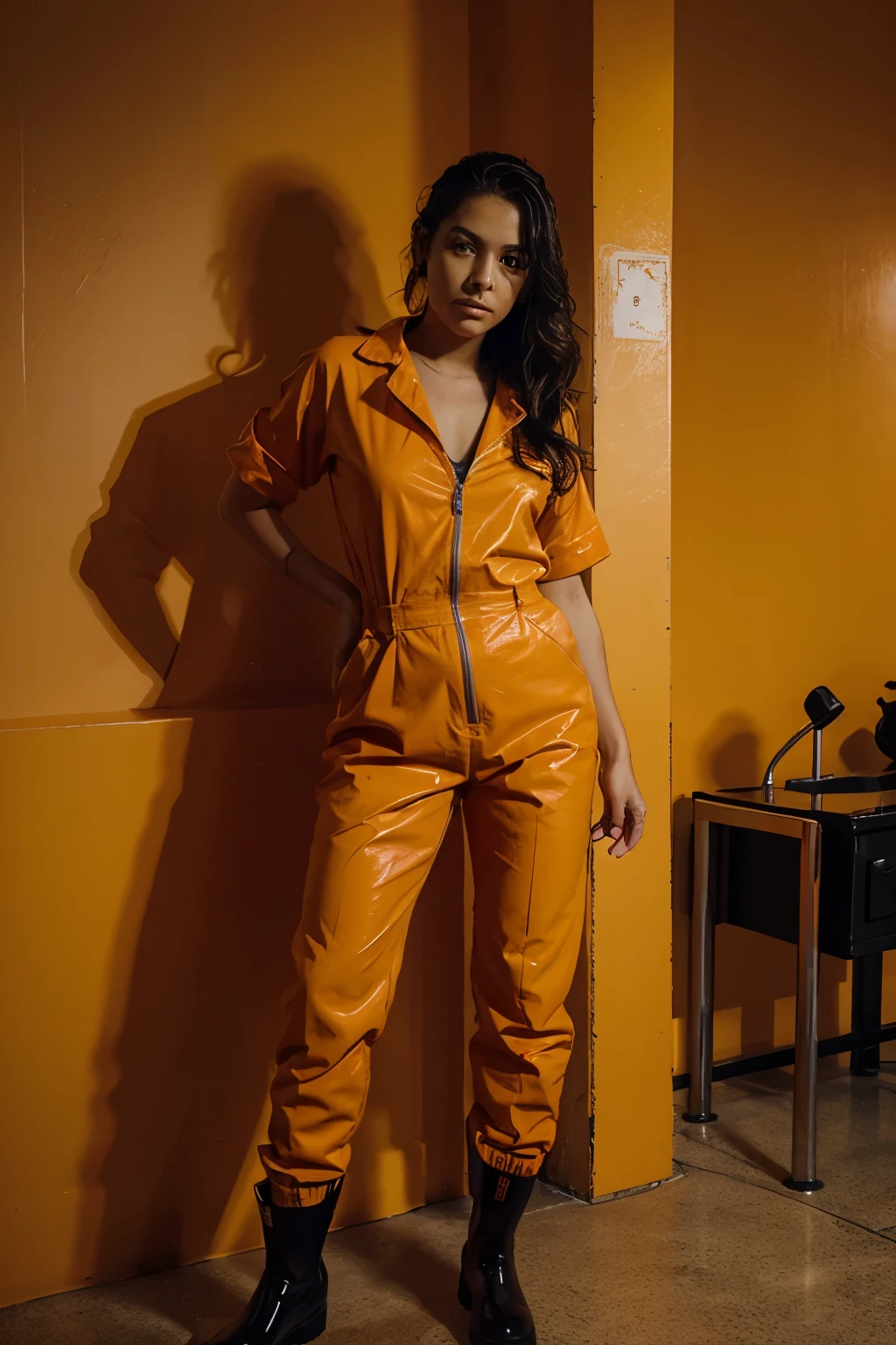 a girl in jail inmate prisoner handcuffed wearing an orange prison jumpsuit and black Hunter rubber boots