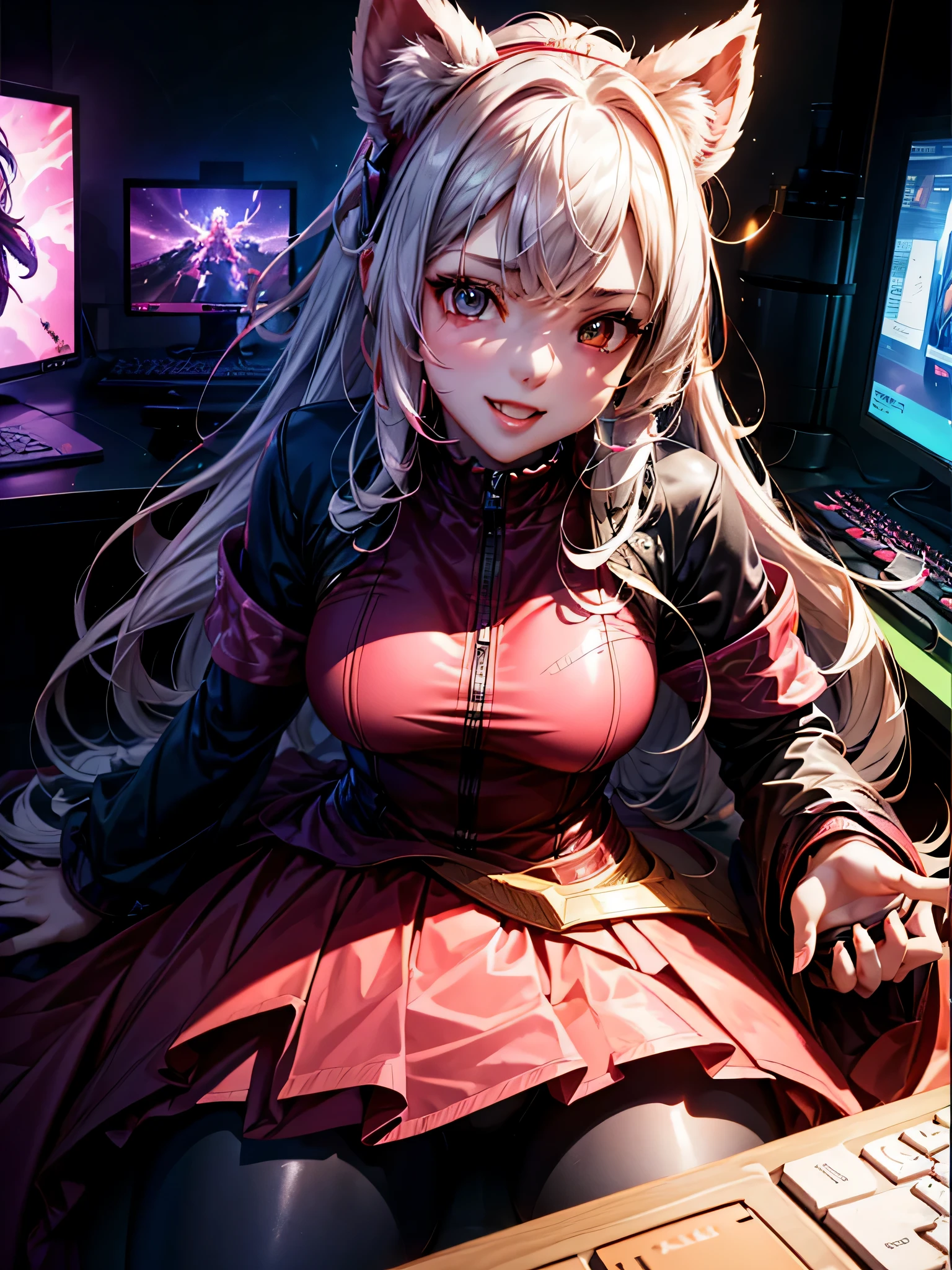 (best quality,4k,8k,highres,masterpiece:1.2),ultra-detailed,(realistic,photorealistic,photo-realistic:1.37),cute,gamergirl,beautiful detailed eyes,beautiful detailed lips,white gaming headset,long hair flowing down,pink gaming setup,pastel-colored keyboard and mouse,keyboard with rainbow backlight,professional,anime style,soft color palette,soft lighting,keyboard with cherry blossom keycaps,gaming chair with bunny ears,gamer girl holding a controller on her lap,cheerful smile,girl sitting in front of multiple monitors,video game posters on the wall,a cat sleeping peacefully on the desk,a cup of hot chocolate with marshmallows,cosy environment,magical gaming world in the background,sparkling starry sky in the background,playful and energetic personality,dressed in a cute gaming-themed outfit,vivid colors,keyboard with RGB lighting,multiplayer online game interface on the screen,exciting game action happening on the monitor,enthusiastic gamer expressions,beautifully decorated gaming room,anime-style artwork on the wall,anime-style character figurines on the shelf,neon lights illuminating the room,keyboard and mouse with holographic interface,joyful and immersive gaming experience