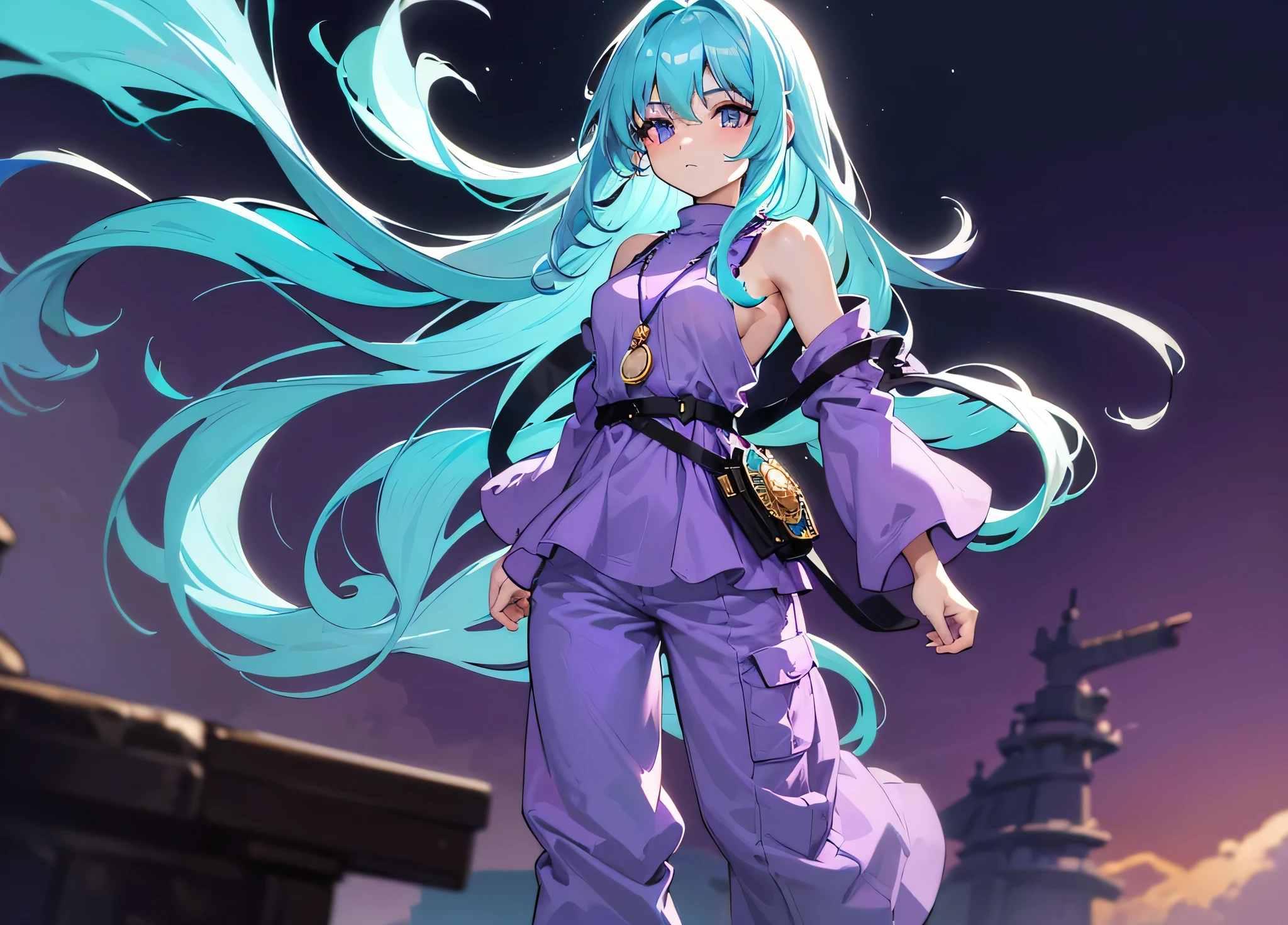 Masterpiece. High-resolution. (1girl) about 20 years old. Pretty beautiful girl. Standing pose. Imposing. Pretty big purple eyes. Delicate face. ((Long light blue hair)). Straight hair. Messy hair. Hair bangs. Hair blowing in the wind. ((Turquoise tunic)). ((Purple tide pants)). Leather boots. Himalaias pagode background with cosmic skies.