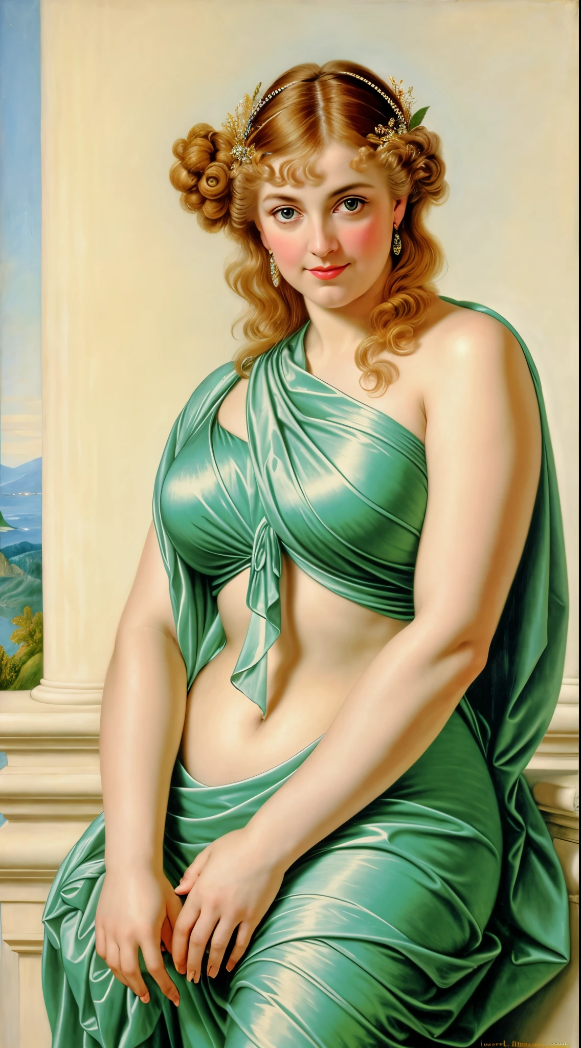 Original Character, ethereal beauty, aesthetic, Masterpiece, 45 years old Woman, thick figure, Full figured lady, middle aged beautiful woman, Best quality, high clarity eyes, critically flawless,sharp picture, styled hair, long hair, fluffy hair, Full portrait, High pixels, perfect face, perfect eyes, beautiful face, perfect hands,perfect fingers, in Peter Paul Rubens style, by Peter Paul Rubens, baroque style, acrylic on canvas, highly detailed, description: "Create a nymph inspired by the tales of Greek or Roman mythology, embodying the essence of a natural element or location, and possessing a unique ability or trait that sets her apart."