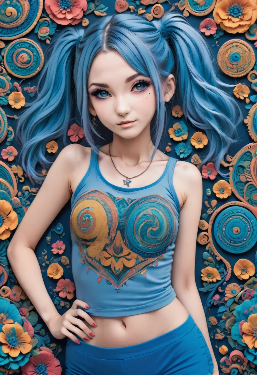 aisha hanabi, blue hair, side pigtails, mole under eye, flat chested, magicl background, flowers, zentangle and origami style background, colorful, tank top and mini skirt
