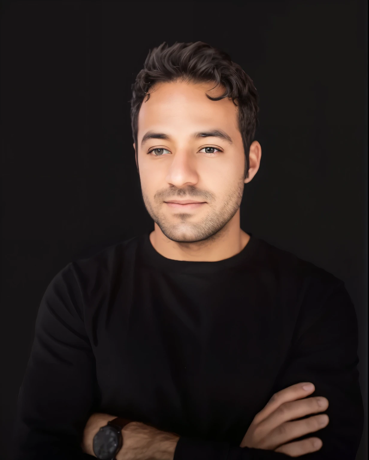 arafed man with a black shirt and a watch on his wrist,  nft portrait, headshot profile picture, high quality portrait, avatar image, in front of a black background, professional picture