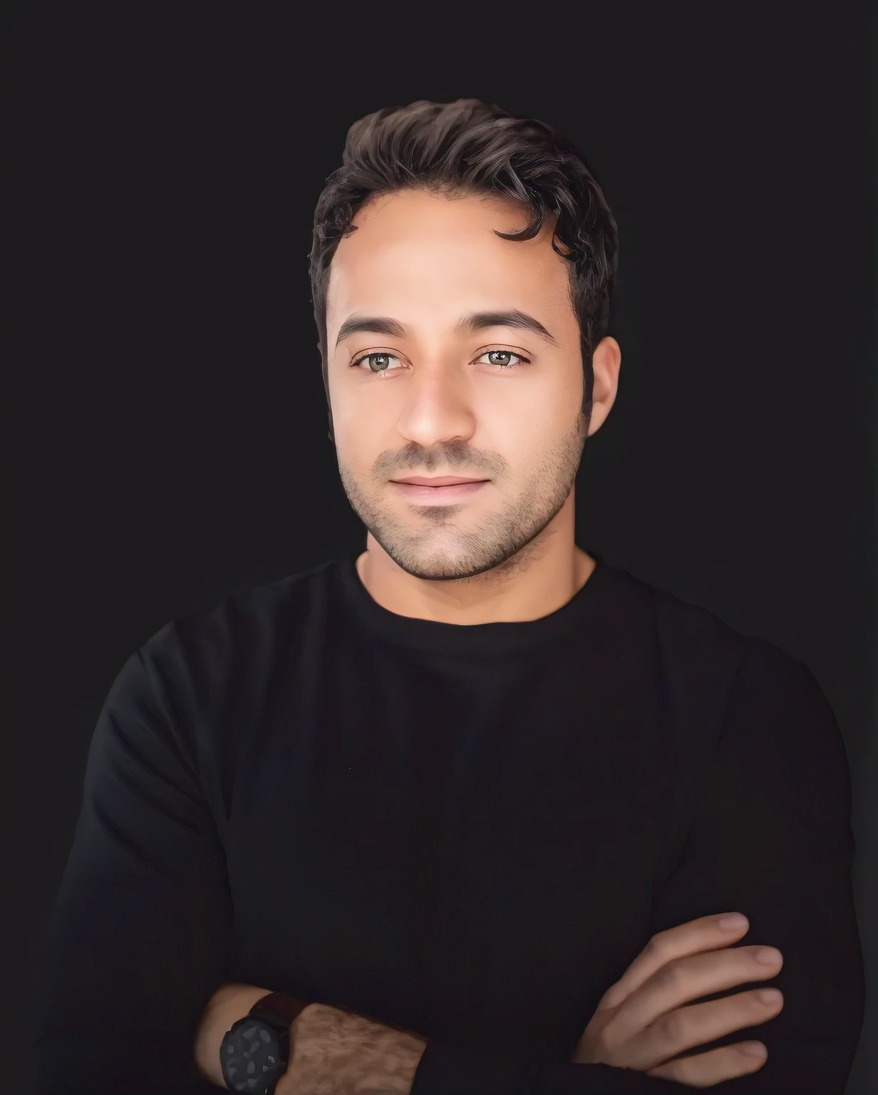 arafed man with a black shirt and a watch on his wrist, nft portrait, headshot profile picture, high quality portrait, avatar image, in front of a black background, professional picture