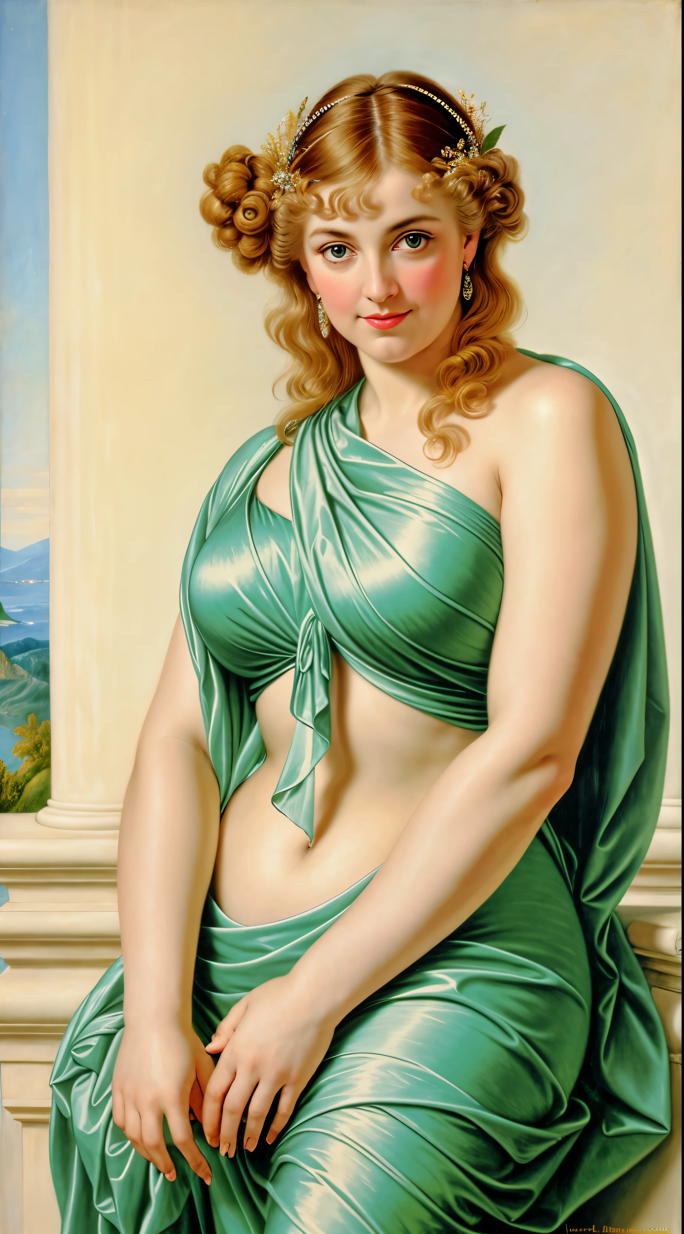 Original Character, ethereal beauty, aesthetic, Masterpiece, 45 years old Woman, thick figure, Full figured lady, middle aged beautiful woman, Best quality, high clarity eyes, critically flawless,sharp picture, styled hair, long hair, fluffy hair, Full portrait, High pixels, perfect face, perfect eyes, beautiful face, perfect hands,perfect fingers, in Peter Paul Rubens style, by Peter Paul Rubens, baroque style, acrylic on canvas, highly detailed, description: "Create a nymph inspired by the tales of Greek or Roman mythology, embodying the essence of a natural element or location, and possessing a unique ability or trait that sets her apart."