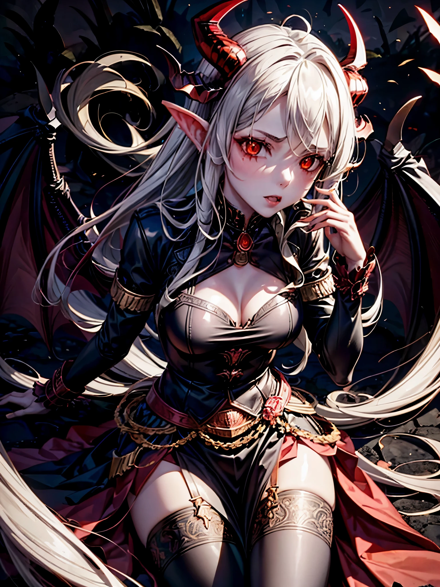 A succubus with horns on its head and black wings. She wears a milltar uniform decorated with medals