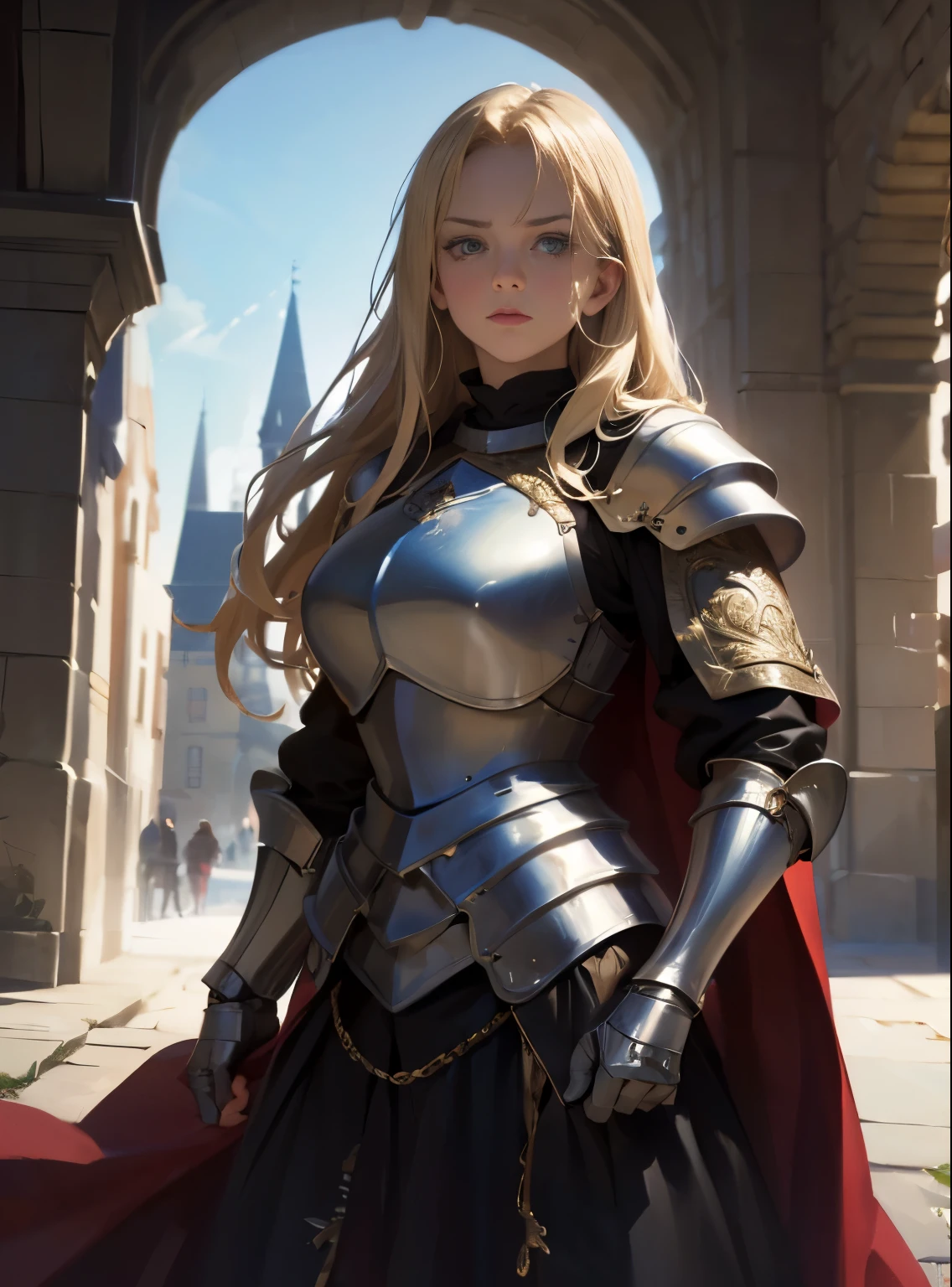 Masterpiece, best quality, a woman, in armor, medieval armor, knight, castle, long blonde hair, cinematic, dramatic 