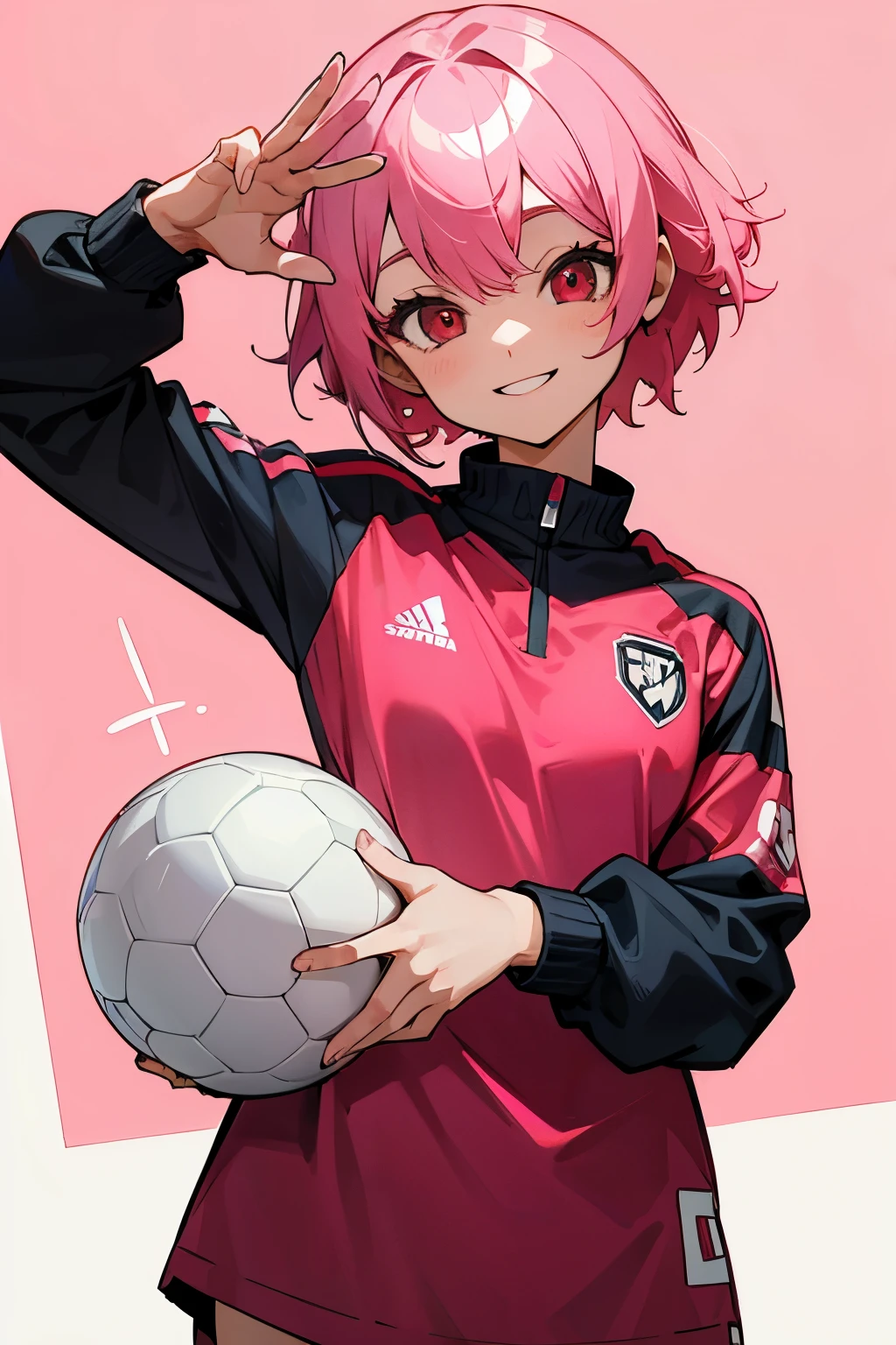 Girl, short pink hair, red eyes, soccer clothes, Soccer medium sized chest, wide smile 