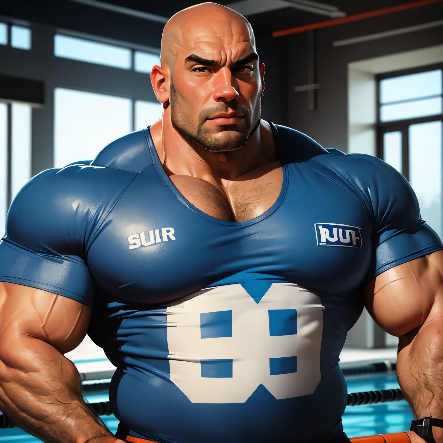 an exaggeratedly muscular and large bald bodyguard, beefy build, mixed race, (wearing blue sports jersey: 1.2), name tag, (bara pecs: 1.3), (arm and chest hair: 1.1), close-up portrait HD, indoor pool background