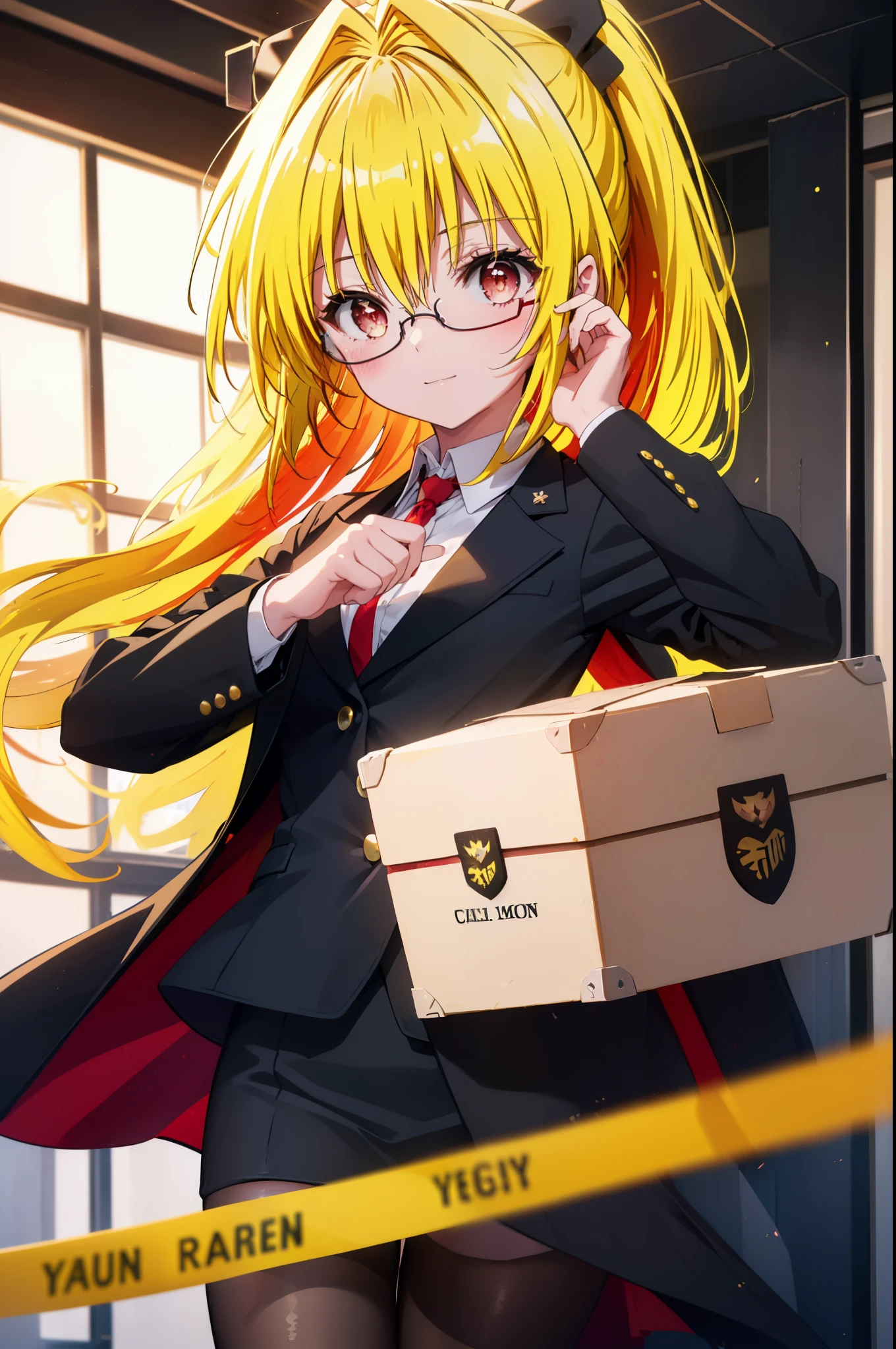 toloverumy, my, (yellow hair:1.5), long hair,ponytail, (red eyes:1.5), (small box:1.2), smile,blush,OL, red glasses, end, black suit jacket, collared jacket, white dress shirt, collared shirt, neckline, button, strap, ID card on neck,black pantyhose,stiletto heels,cleavage cutout,So that the whole body goes into the illustration,
break indoors, School corridor,
break looking at viewer, (cowboy shot:1.5),
break (masterpiece:1.2), highest quality, High resolution, unity 8k wallpaper, (figure:0.8), (detailed and beautiful eyes:1.6), highly detailed face, perfect lighting, Very detailed CG, (perfect hands, perfect anatomy),