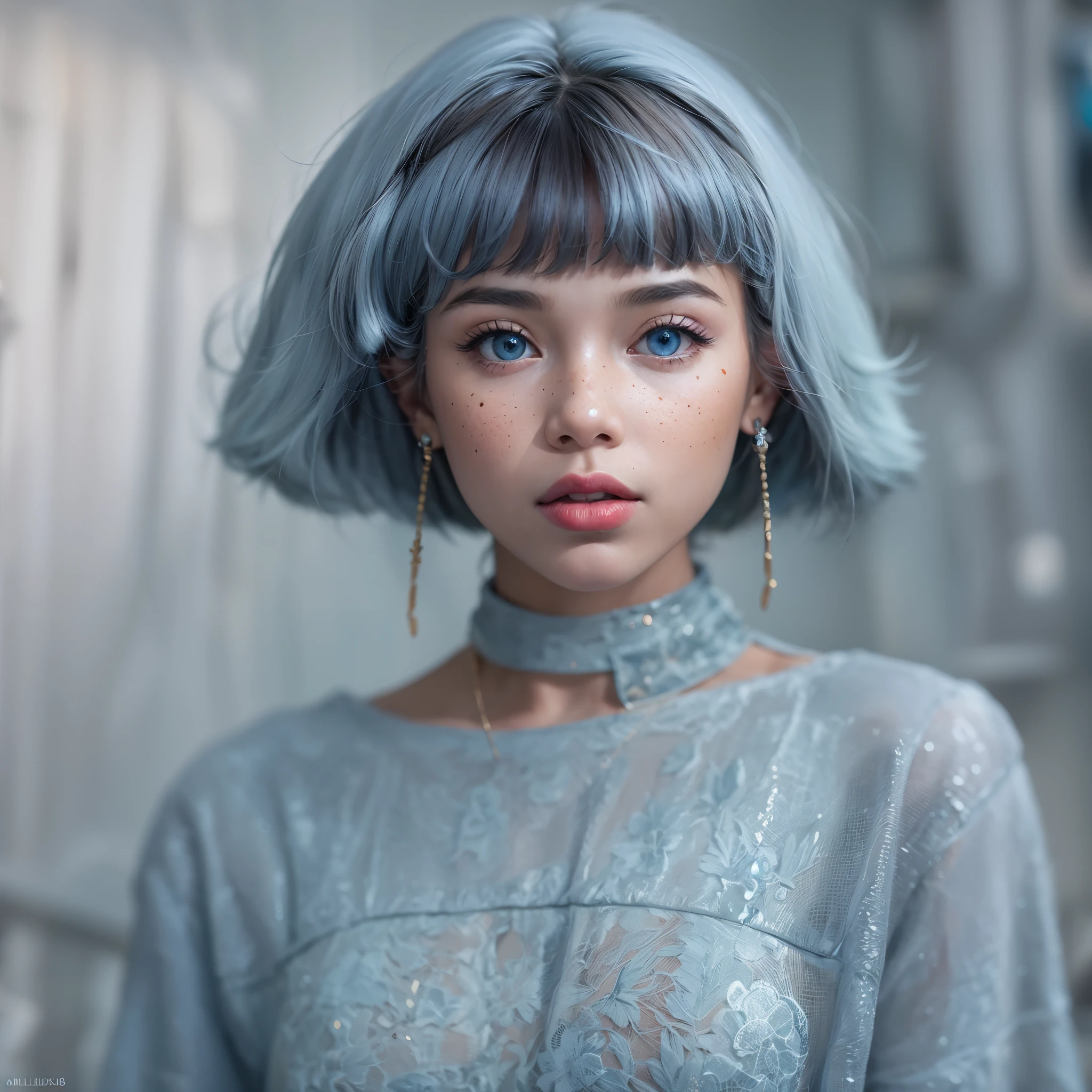 very beautiful, well-groomed girl, With clean skin, normal functions, Beautiful lips, and a slight smile on her face. beautiful figure, modern clothes, cool modern couture dress. presentation background, neutral gray-blue, in virtual space. top quality, 16 thousand.. Full HD, Cinematic rendering. Create a work of art, conveying the unique beauty of baby Michela.., Famous digital influencer. Focus on her unique facial expression, when she looks directly at the camera., trying to capture the intensity of her piercing blue eyes. Channel her signature style with a Spanish-style hairstyle., styled with two carefully crafted hairpieces.. Add details, reflecting her charming and avant-garde personality.. We took care of that, to convey an aura of modernity and originality, which characterizes Lil Miquela in the digital world. ., Some freckles and nevi, and short hair, wrapped