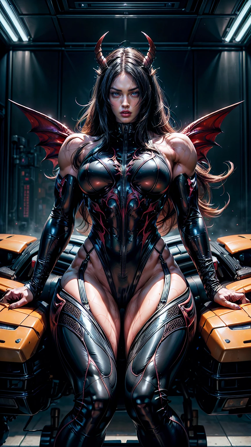 Cinematic, clear facial features and insanely detailed, the image captures the essence of (1 girl), (megan fox:1.25), (latex bodysuit:1.25), (carnage skinless muscle:1.25), (1 super muscular undead skinless succubus with gigantic horns:1.25), (exposed muscles & veins everywhere:1.25), (perfect fingers:1.25) (full body pose:1.25). The color grading is beautifully done, enhancing the overall cinematic feel. Unreal Engine makes her appearance even more mesmerizing. With depth of field (DOF), every detail is focused and accentuated, drawing attention to her eyes and hair. Peak image resolution utilizing super-resolution technology ensures pixel perfection. Cinematic lighting enhances her aura, while anti-aliasing techniques like FXAA and TXAA keep the edges smooth and clean. Adding realism to the muscular bio-mecha succubus , RTX technology enables ray tracing. Additionally, SSAO (Screen Space Ambient Occlusion) gives depth and realism to the scene, the girl's presence even more convincing. In the post-processing and post-production stages, tone mapping enhances the colors, creating a captivating visual experience. The integration of CGI (Computer-Generated Imagery) and VFX (Visual Effects brings out her demonic features seamlessly . Incredible level of detail, with intricate elements meticulously crafted, the artwork hyper maximalist and hyper-realistic. Volumetric effects add depth and dimension, with unparalleled photorealism. 8k resolution rendering ensures super detailed visuals. The volumetric lighting adds a touch of magic, highlighting her beauty and aura in an otherworldly way. High Dynamic Range (HDR) tech makes the colors pop, adding richness to the overall composition. Ultimately, this artwork presents an unreal, yet stunningly real portrayal of an incredibly beautiful bio-mecha succubus girl. The sharp focus ensures that every feature is crisply defined, creating a captivating presence. (girl face:1.45)