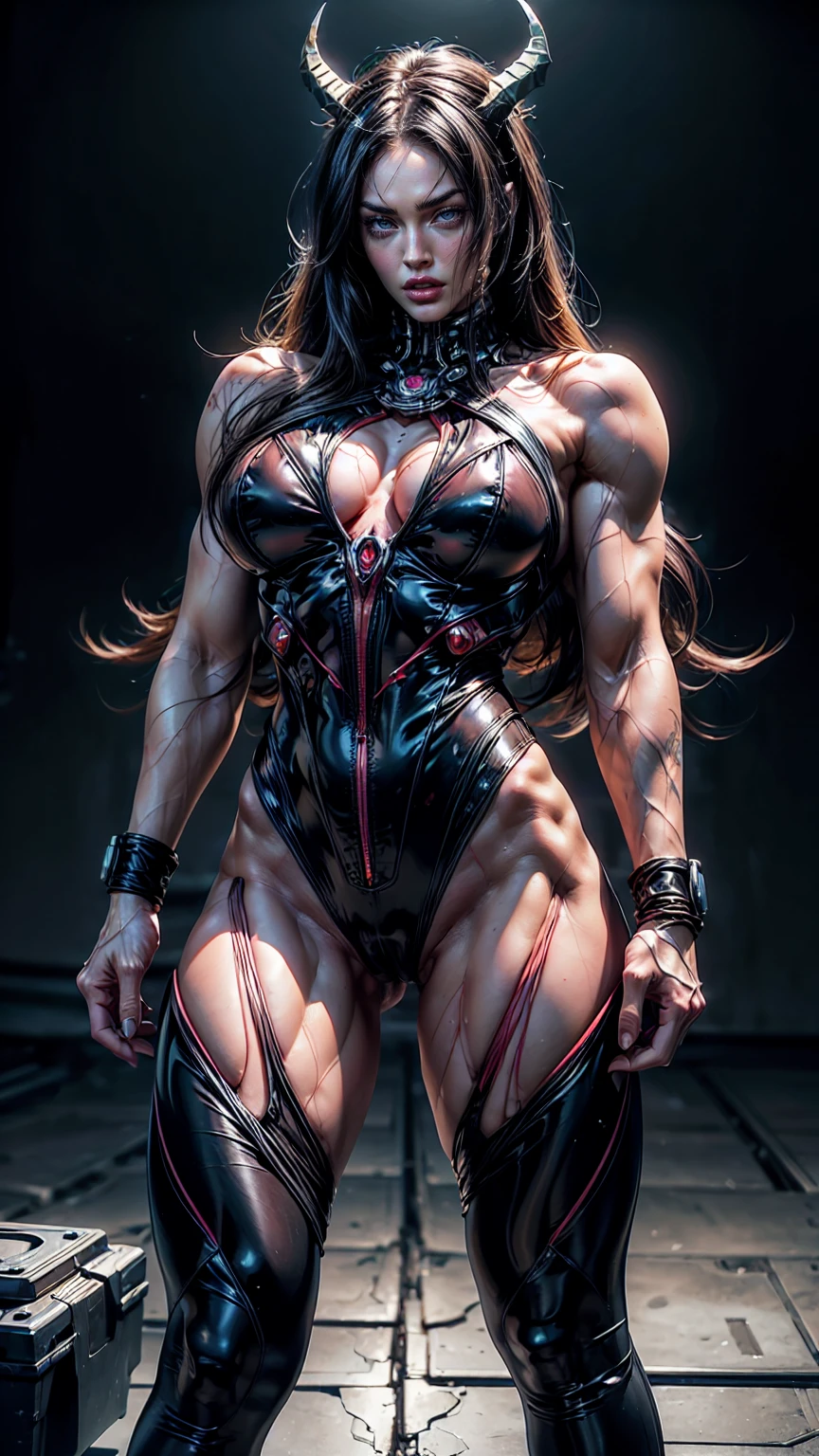 Cinematic, clear facial features and insanely detailed, the image captures the essence of (1 girl), (megan fox:1.25), (latex bodysuit:1.25), (carnage skinless muscle:1.25), (1 super muscular undead skinless succubus with gigantic horns:1.25), (exposed muscles & veins everywhere:1.25), (perfect fingers:1.25) (full body pose:1.25). The color grading is beautifully done, enhancing the overall cinematic feel. Unreal Engine makes her appearance even more mesmerizing. With depth of field (DOF), every detail is focused and accentuated, drawing attention to her eyes and hair. Peak image resolution utilizing super-resolution technology ensures pixel perfection. Cinematic lighting enhances her aura, while anti-aliasing techniques like FXAA and TXAA keep the edges smooth and clean. Adding realism to the muscular bio-mecha succubus , RTX technology enables ray tracing. Additionally, SSAO (Screen Space Ambient Occlusion) gives depth and realism to the scene, the girl's presence even more convincing. In the post-processing and post-production stages, tone mapping enhances the colors, creating a captivating visual experience. The integration of CGI (Computer-Generated Imagery) and VFX (Visual Effects brings out her demonic features seamlessly . Incredible level of detail, with intricate elements meticulously crafted, the artwork hyper maximalist and hyper-realistic. Volumetric effects add depth and dimension, with unparalleled photorealism. 8k resolution rendering ensures super detailed visuals. The volumetric lighting adds a touch of magic, highlighting her beauty and aura in an otherworldly way. High Dynamic Range (HDR) tech makes the colors pop, adding richness to the overall composition. Ultimately, this artwork presents an unreal, yet stunningly real portrayal of an incredibly beautiful bio-mecha succubus girl. The sharp focus ensures that every feature is crisply defined, creating a captivating presence. (girl face:1.45)