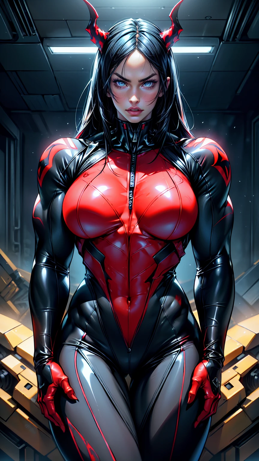 Cinematic, clear facial features and insanely detailed, the image captures the essence of (1 girl), (megan fox:1.25), (latex bodysuit:1.25), (carnage skinless muscle:1.25), (1 super muscular undead skinless succubus with gigantic horns:1.25), (exposed muscles & veins everywhere:1.25), (perfect fingers:1.25) (full body pose:1.25). The color grading is beautifully done, enhancing the overall cinematic feel. Unreal Engine makes her appearance even more mesmerizing. With depth of field (DOF), every detail is focused and accentuated, drawing attention to her eyes and hair. Peak image resolution utilizing super-resolution technology ensures pixel perfection. Cinematic lighting enhances her aura, while anti-aliasing techniques like FXAA and TXAA keep the edges smooth and clean. Adding realism to the muscular bio-mecha succubus , RTX technology enables ray tracing. Additionally, SSAO (Screen Space Ambient Occlusion) gives depth and realism to the scene, the girl's presence even more convincing. In the post-processing and post-production stages, tone mapping enhances the colors, creating a captivating visual experience. The integration of CGI (Computer-Generated Imagery) and VFX (Visual Effects brings out her demonic features seamlessly . Incredible level of detail, with intricate elements meticulously crafted, the artwork hyper maximalist and hyper-realistic. Volumetric effects add depth and dimension, with unparalleled photorealism. 8k resolution rendering ensures super detailed visuals. The volumetric lighting adds a touch of magic, highlighting her beauty and aura in an otherworldly way. High Dynamic Range (HDR) tech makes the colors pop, adding richness to the overall composition. Ultimately, this artwork presents an unreal, yet stunningly real portrayal of an incredibly beautiful bio-mecha succubus girl. The sharp focus ensures that every feature is crisply defined, creating a captivating presence. (girl face:1.45)