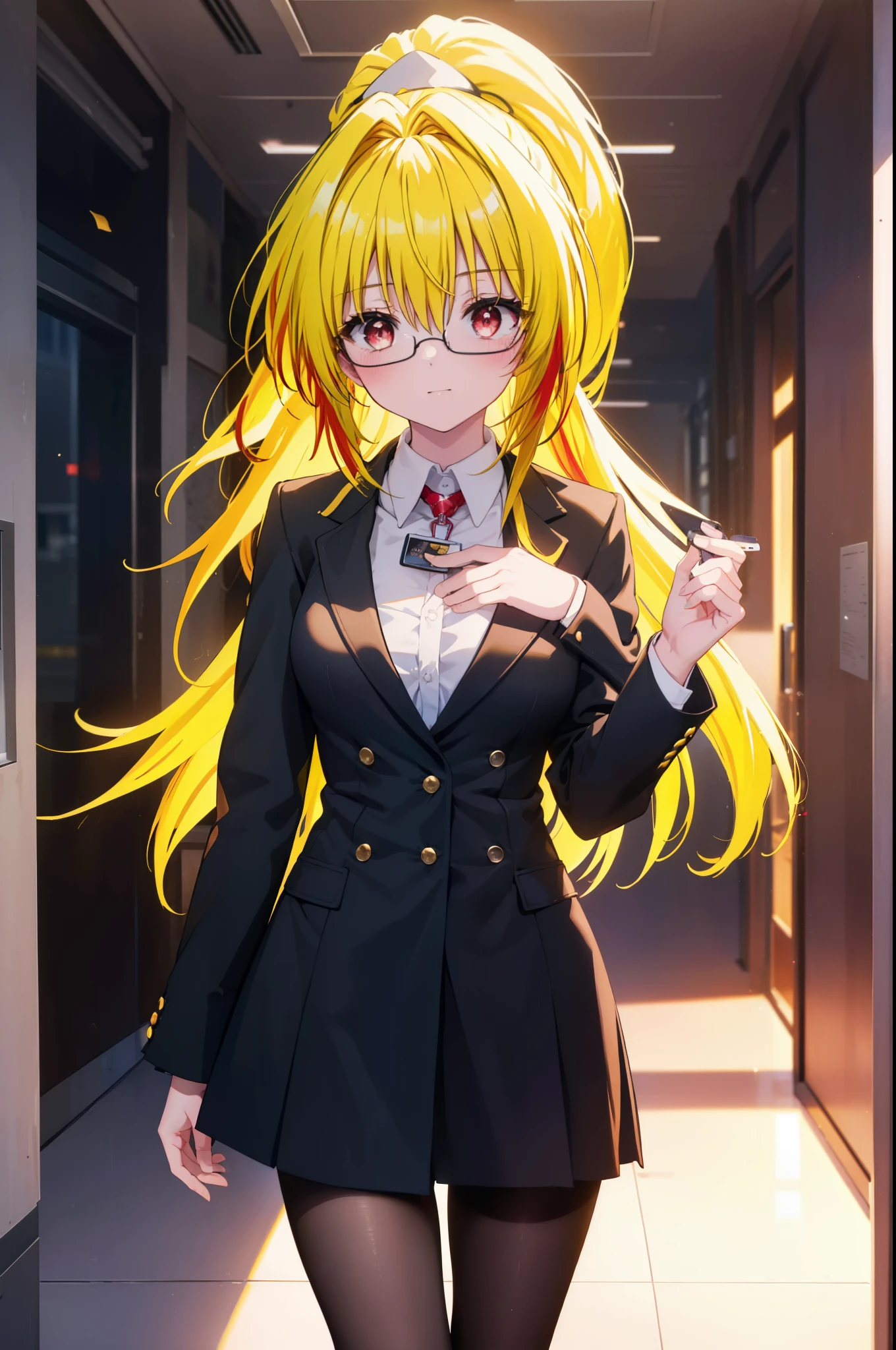toloverumy, my, (yellow hair:1.5), long hair,ponytail, (red eyes:1.5), smile,blush,OL, red glasses, end, black suit jacket, collared jacket, white dress shirt, collared shirt, neckline, button, strap, ID card on neck,black pantyhose,stiletto heels,cleavage cutout,So that the whole body goes into the illustration,
break indoors, School　corridor,
break looking at viewer, (cowboy shot:1.5),
break (masterpiece:1.2), highest quality, High resolution, unity 8k wallpaper, (figure:0.8), (detailed and beautiful eyes:1.6), highly detailed face, perfect lighting, Very detailed CG, (perfect hands, perfect anatomy),
