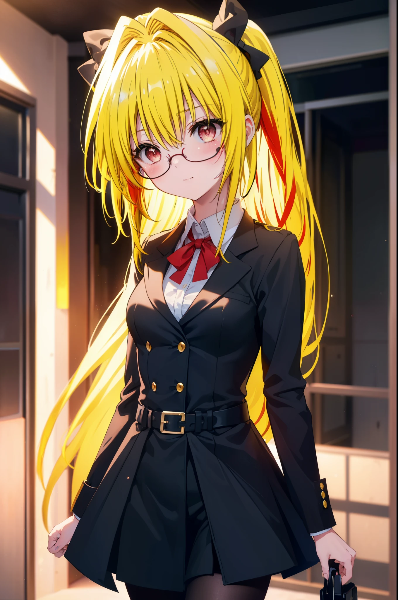 toloverumy, my, (yellow hair:1.5), long hair,ponytail, (red eyes:1.5), smile,blush,OL, red glasses, end, black suit jacket, collared jacket, white dress shirt, collared shirt, neckline, button, strap, ID card on neck,black pantyhose,stiletto heels,cleavage cutout,So that the whole body goes into the illustration,
break indoors, School　corridor,
break looking at viewer, (cowboy shot:1.5),
break (masterpiece:1.2), highest quality, High resolution, unity 8k wallpaper, (figure:0.8), (detailed and beautiful eyes:1.6), highly detailed face, perfect lighting, Very detailed CG, (perfect hands, perfect anatomy),