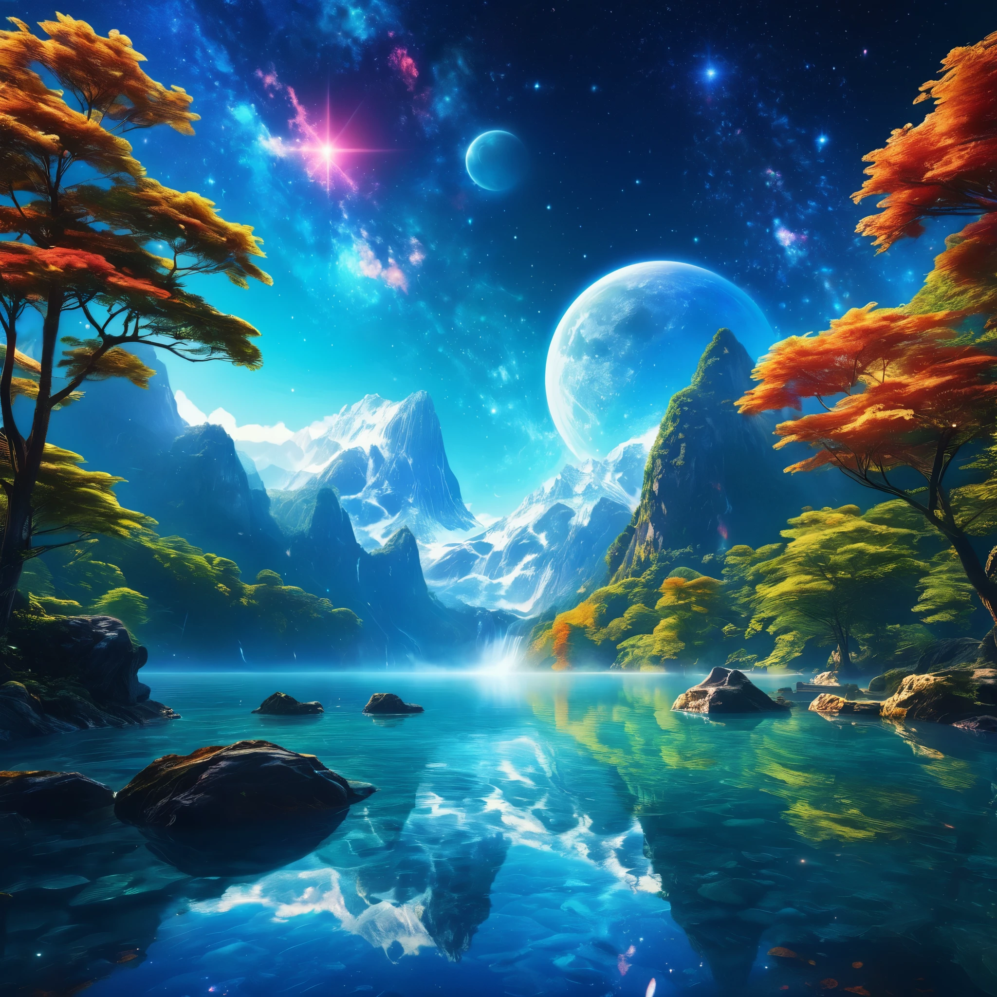 8K quality, A planet with two very bright moons, heavenly beauty, enchanting landscape, fantastic atmosphere, Bright colors, soft lighting, dream-like, mystical presence, vision of another world, quiet and calm, sparkling water, lush forest, majestic mountain々, waterfall falls, Sparkling starry sky, magical aura, Captivating and immersive, Nice views, celestial body, endless horizon, peaceful and unspoiled, surreal experience, space dance, heavenly harmony, guardian of heaven, enchanting and seductive, heavenly symphony, heavenly paradise, heavenly journey, Heavenly Wonderland、Ferris wheel