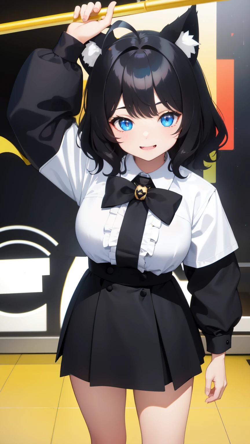 looking at the viewer, 1 girl, smile, Virtual YouTuber、with a girl、((highest quality, expensive_solve, clear_image)),(black hair), (black cat ears), (Ahoge), (ridiculously short hair), (wavy hair), (blue eyes),、Sorry face、very big breasts、