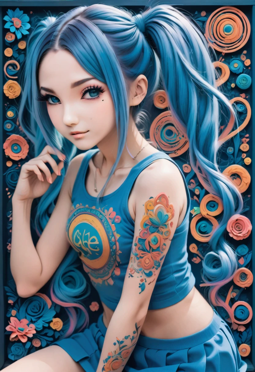 aisha hanabi, blue hair, side pigtails, mole under eye, flat chested, magicl background, flowers, neon art, zentangle and origami style background, colorful, tank top and mini skirt