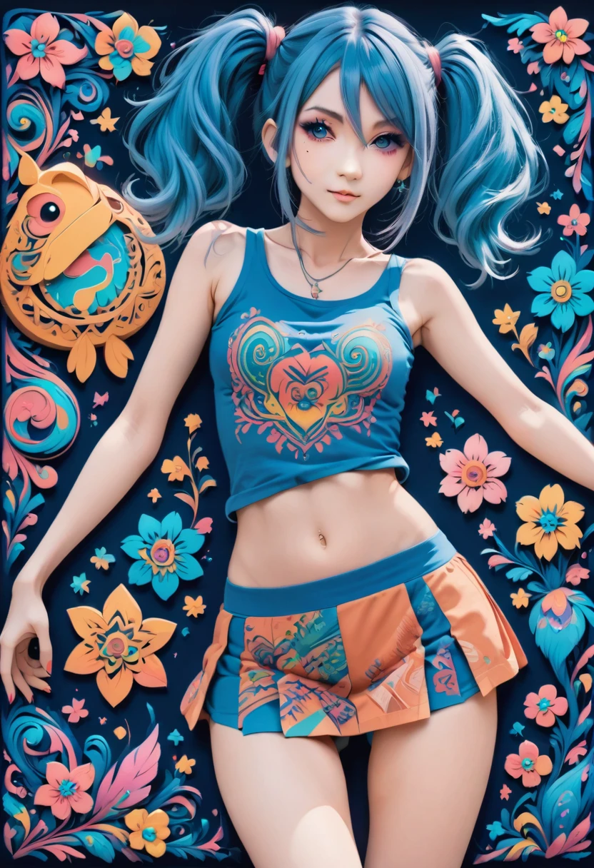 aisha hanabi, blue hair, side pigtails, mole under eye, flat chested, magicl background, flowers, neon art, zentangle and origami style background, colorful, tank top and mini skirt