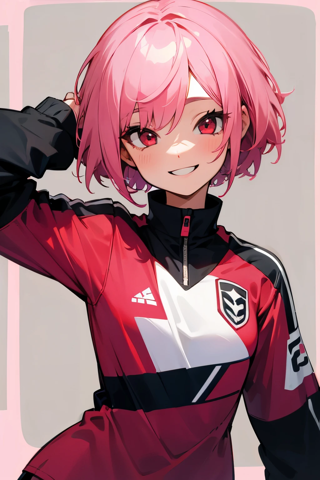 Girl, short pink hair, red eyes, soccer clothes(Soccer), Soccer medium sized chest, wide smile