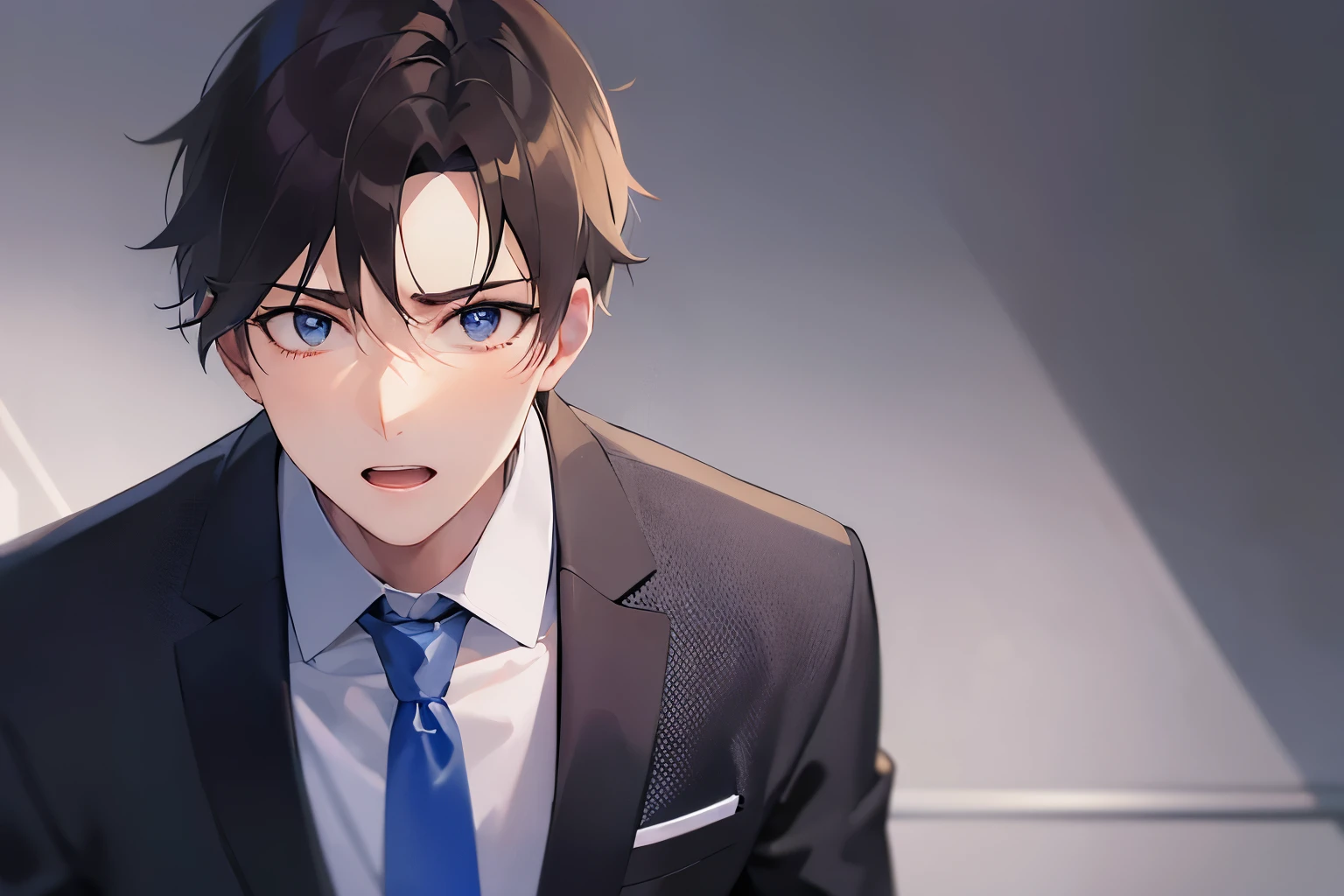 looking away, masterpiece、highest quality、(25 year old male:1.5) and (black short hair) and (blue eyes), wearing a suit、wearing a white shirt、Wearing a blue tie、serious expression、open mouth, The background is an office、(Alone:1.5)、Are standing、bowing