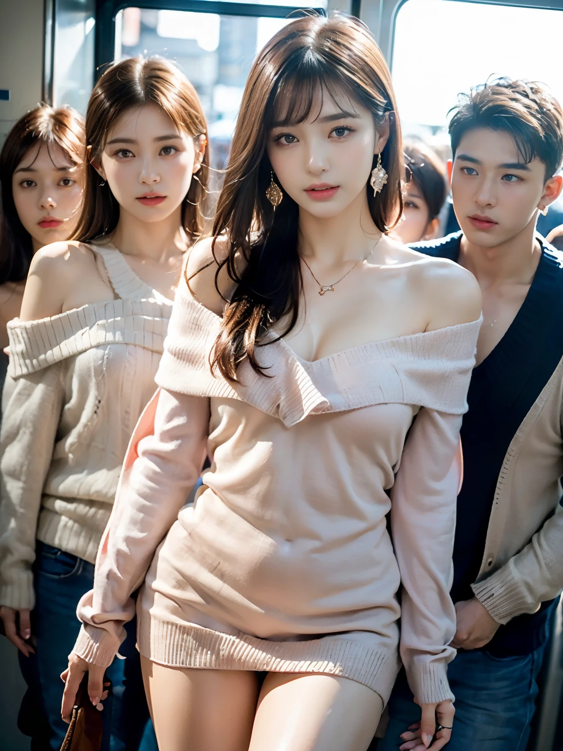 ((((highest quality))))、(((Ultra-precision CG16K wallpaper)))、(((masterpiece)))、(((Super detailed)))、(((super extreme details)))、1people's women、mature woman、24 year old woman、((Japanese face))、((very beautiful face))、((Beauty:1.5))、((straight semi-long hair:1.3、blunt bangs))、(shiny brown hair)、beautiful delicate eyes、brown eyes、raised eyebrows、high nose、small nostrils、small mouth、seductive lips、beautiful breasts、((C cup size breasts))、cleavage、plump body、(Chubby body type)、perfect proportions、perfect anatomy、perfect composition、beautiful detailed shading、beautiful natural lighting、beautiful detail glow、Depth of the bounds written、(((High chroma)))、(((real:1.9)))、((vivid:1.5))、((edge:1.6))、((beautiful skin))、((skin texture))、((realな皮膚感))、(((cowboy shot、Thigh:1.5)))、((Angle seen from the front:1.5))、((Surprised face with open mouth:1.4))、(Eyes looking at me:1.5)、On the train in the daytime、bright sunshine、Natural light、(((Inside a crowded train:1.2)))、(standing pose:1.5)、(((Beige pink off-shoulder long sweater:1.6)))、((earrings、wearing necklace:1.3))、(((women are surrounded by young men:1.6)))、
