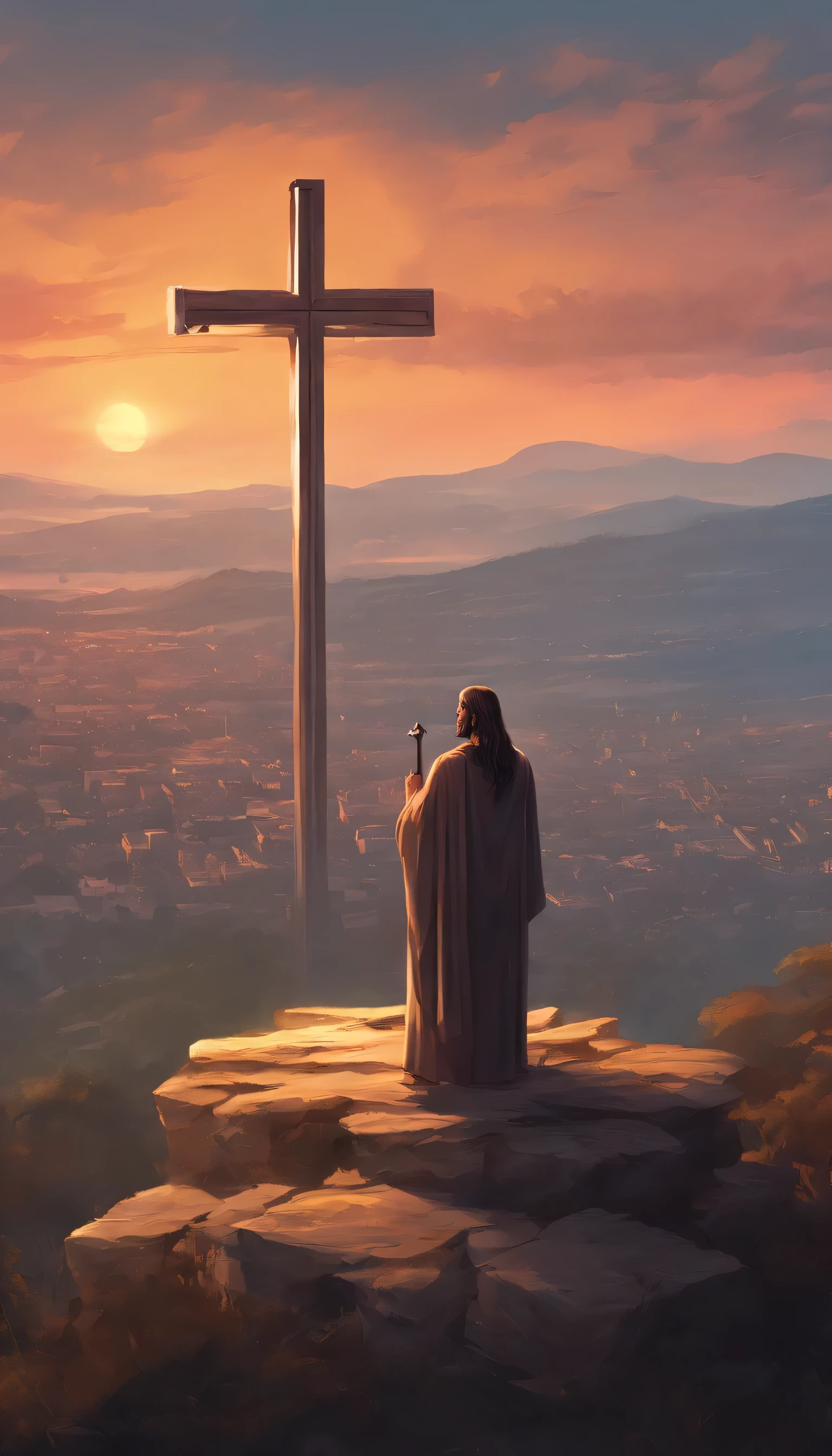 at sunset, Jesus stands atop a cross in a hill, top of mount, overlooking the city,gothic style,realismo ultrarrealista, Best composition, Obras-primas de arte, Vista distante,bird's eye vision, beutifull sky